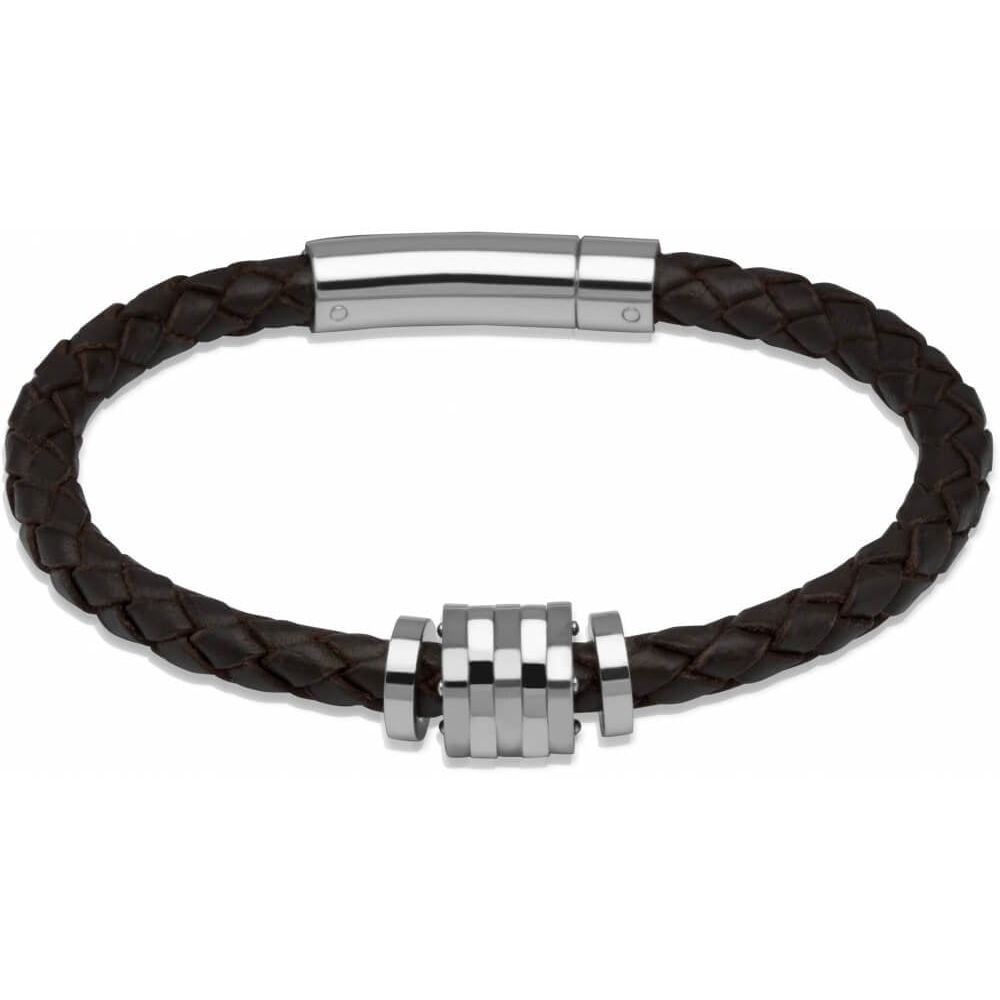 Dark Brown Leather Bracelet with Steel Element