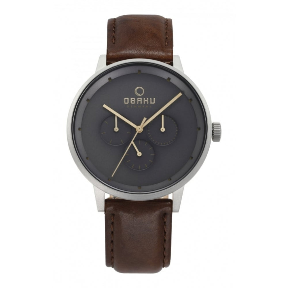 Stainless Steel Grey Dail & Dark Brown Calf Leather Strap Multifuntion Gents Watch