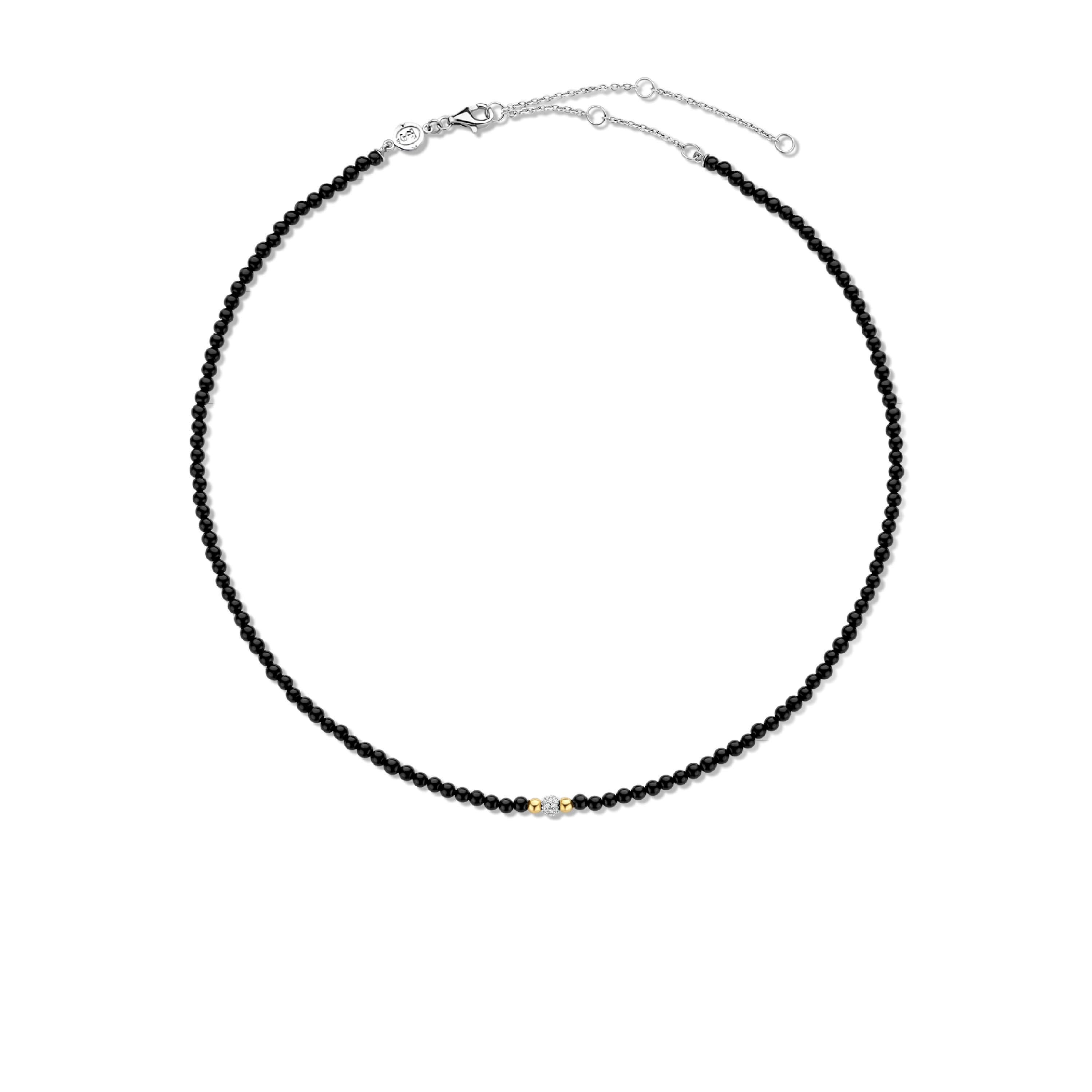 Black Onyx Stones With CZ & Gold Tone Beads Necklace