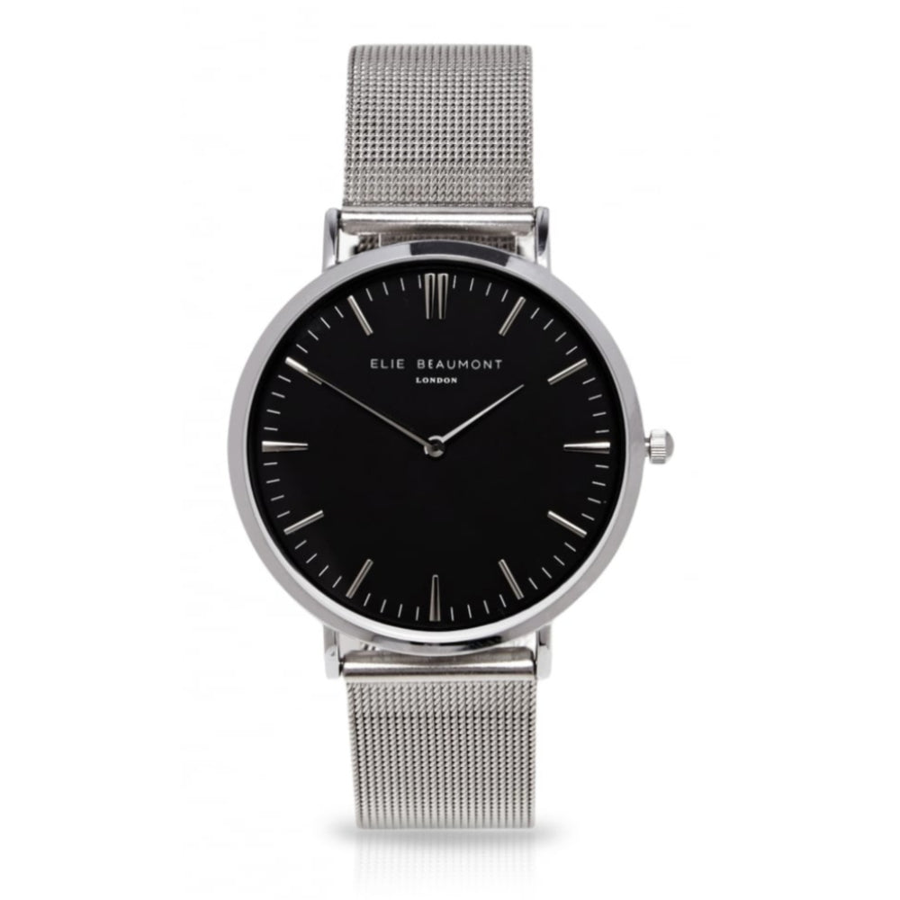 Chrome Plated Stainless Steel Mesh Watch with Black Face