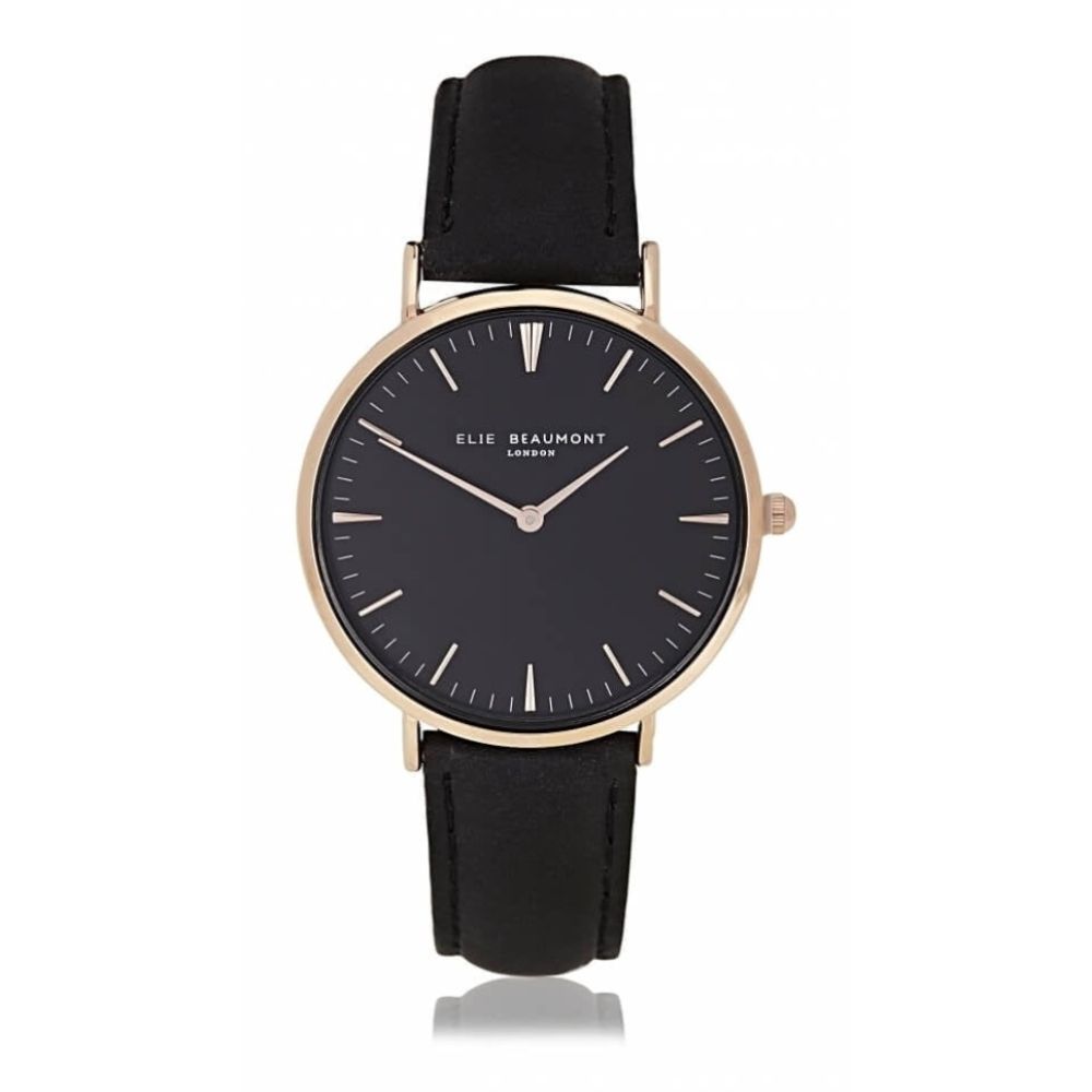 Black Leather Rose Gold Plated Watch with Black Dial
