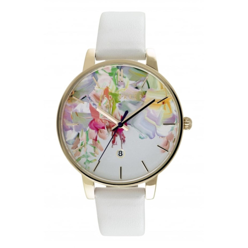 Ted Baker Womens Floral Dial White Leather Gold Date Watch Edmonds