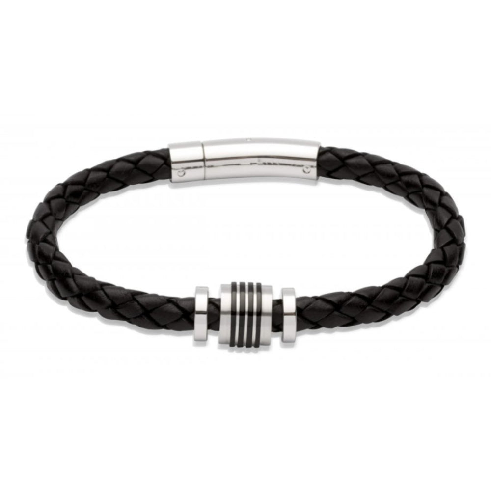 Black Leather Bracelet - Steel Element - Black I.P.Plat