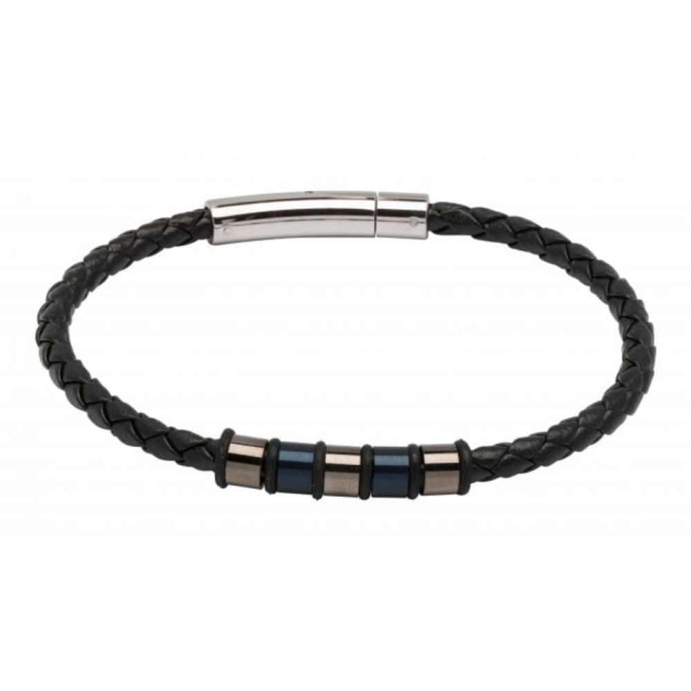 Black Leather Bracelet With Steel Elements-Gunmetal And Navy Ip