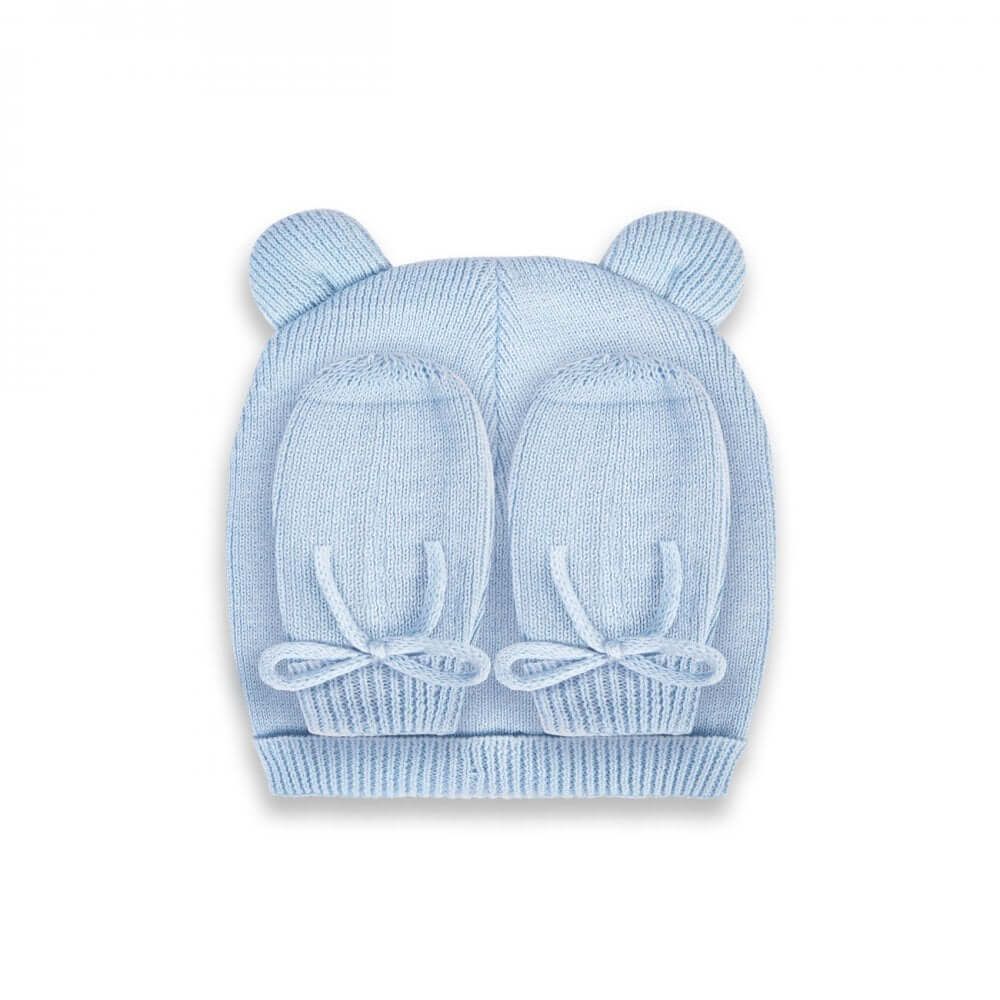 Beautifully Boxed Fine Knit Baby Hat And Mittens Set | Blue