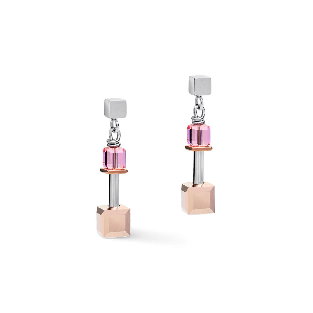Rose Gold-Silver Geo Cubes With Multicolour Art Nouveau Steel Earrings With Stickpin