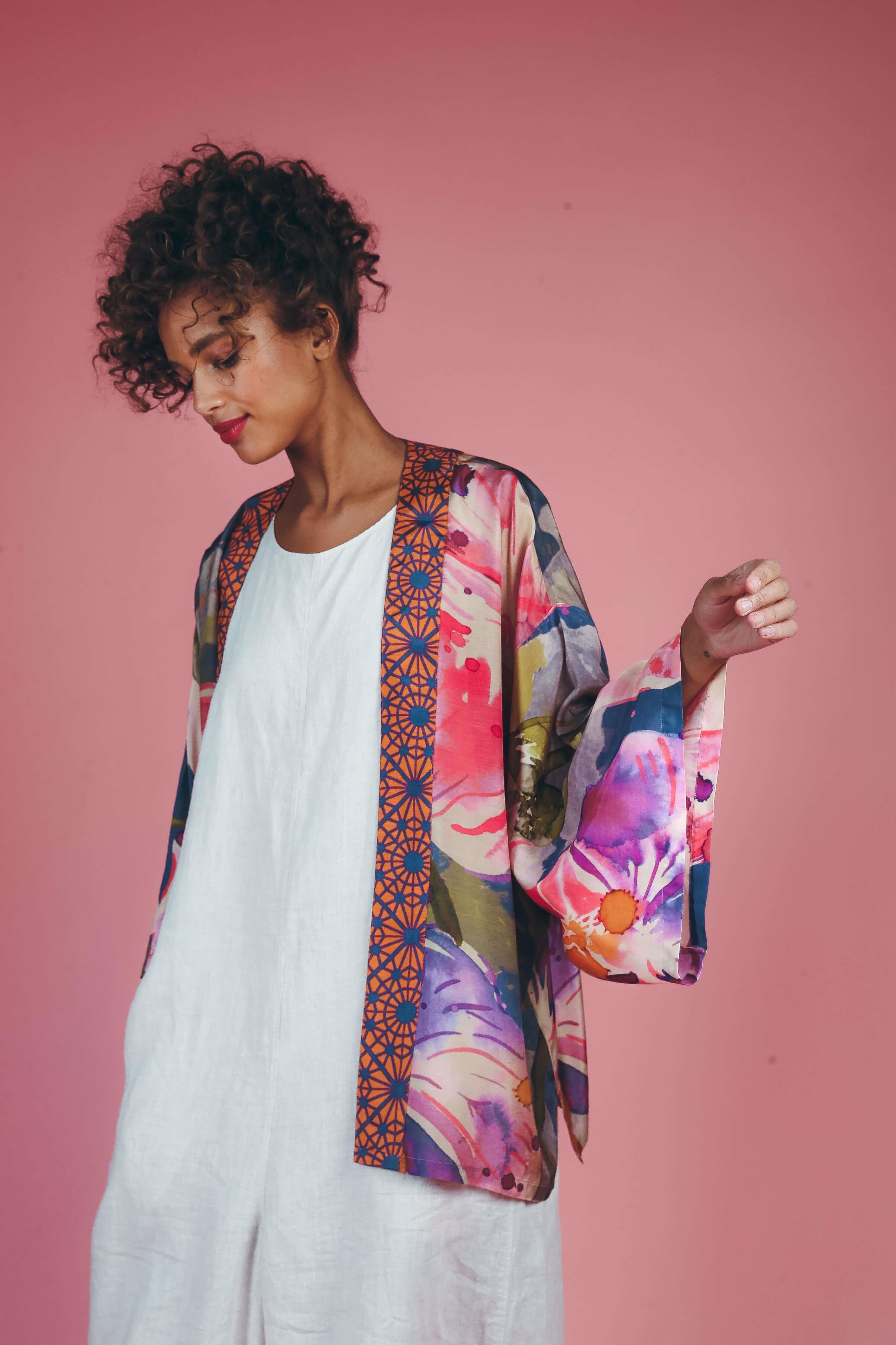 PRINTED KIMONO JACKET - Denim Orchid