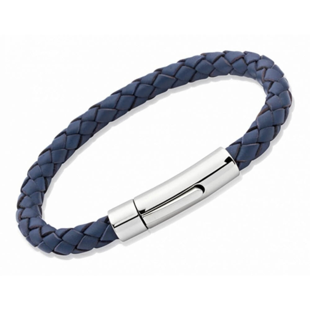 Blue Leather Bracelet with Stainless Steel Clasp