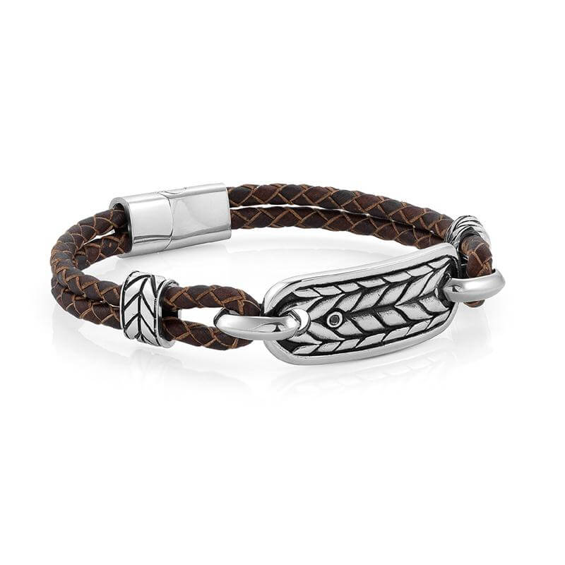 Instinct Marina Brown Leather & Stainless Steel Rope Plate Mens Bracelet