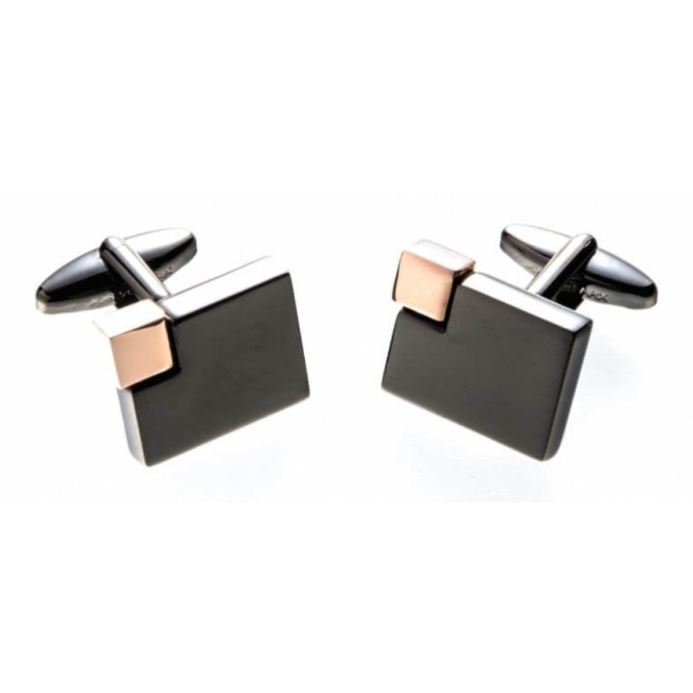 Rectangular Cufflinks In Matt Black With Rose Gold Feature