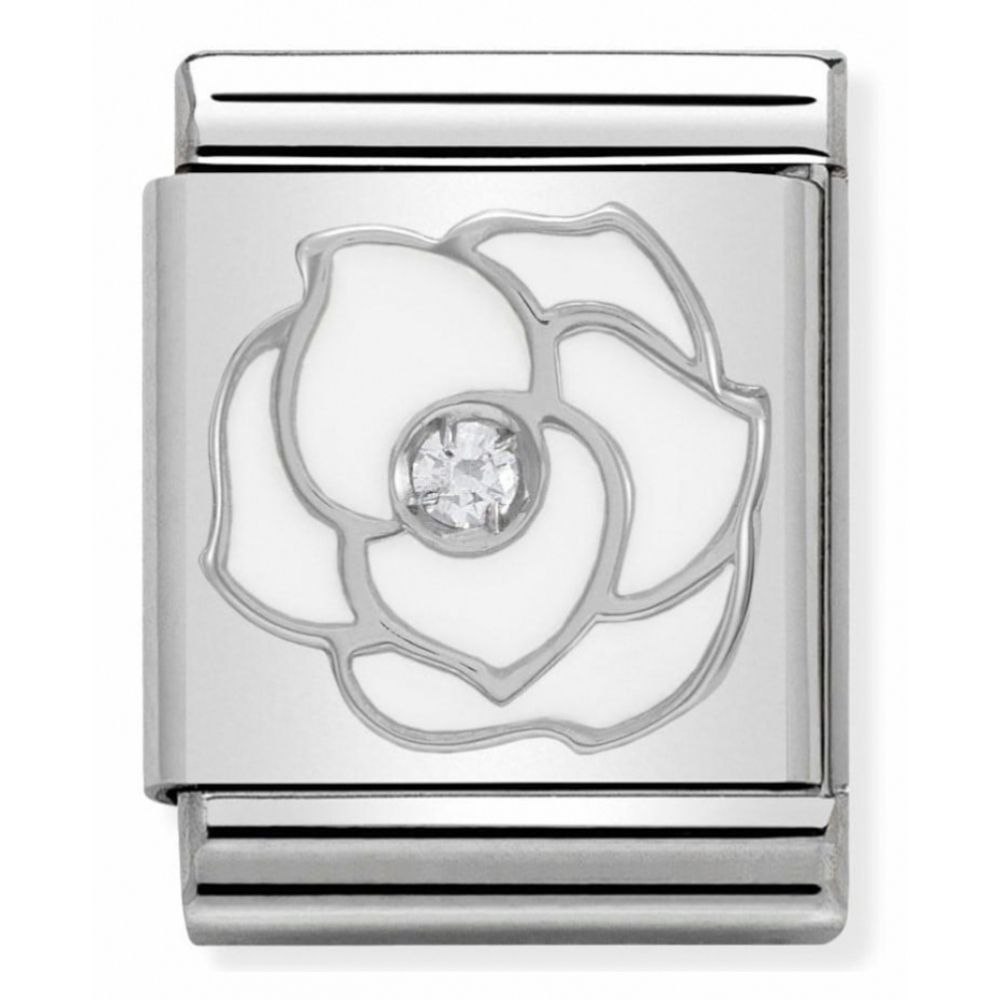 Composable Big Stainless Steel, Sterling Silver, Enamel & Cubic Zirconia White Rose Symbol Charm