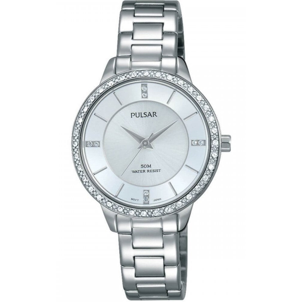 Stainless Steel Bracelet Strap & Round Stone Case With White Dial Ladies Watch