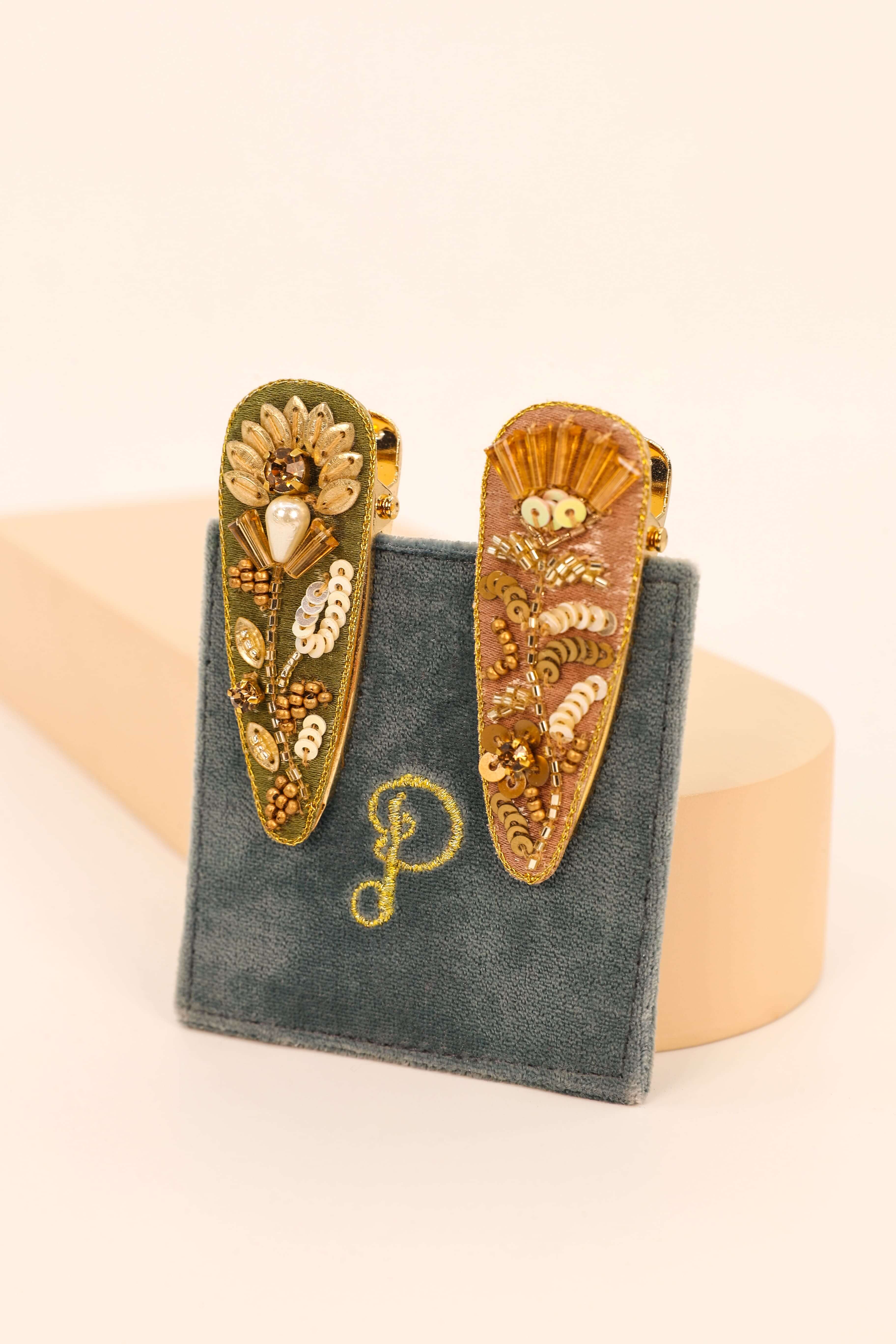Dusk Floral In Petal/Sage Jewelled Hair Clips