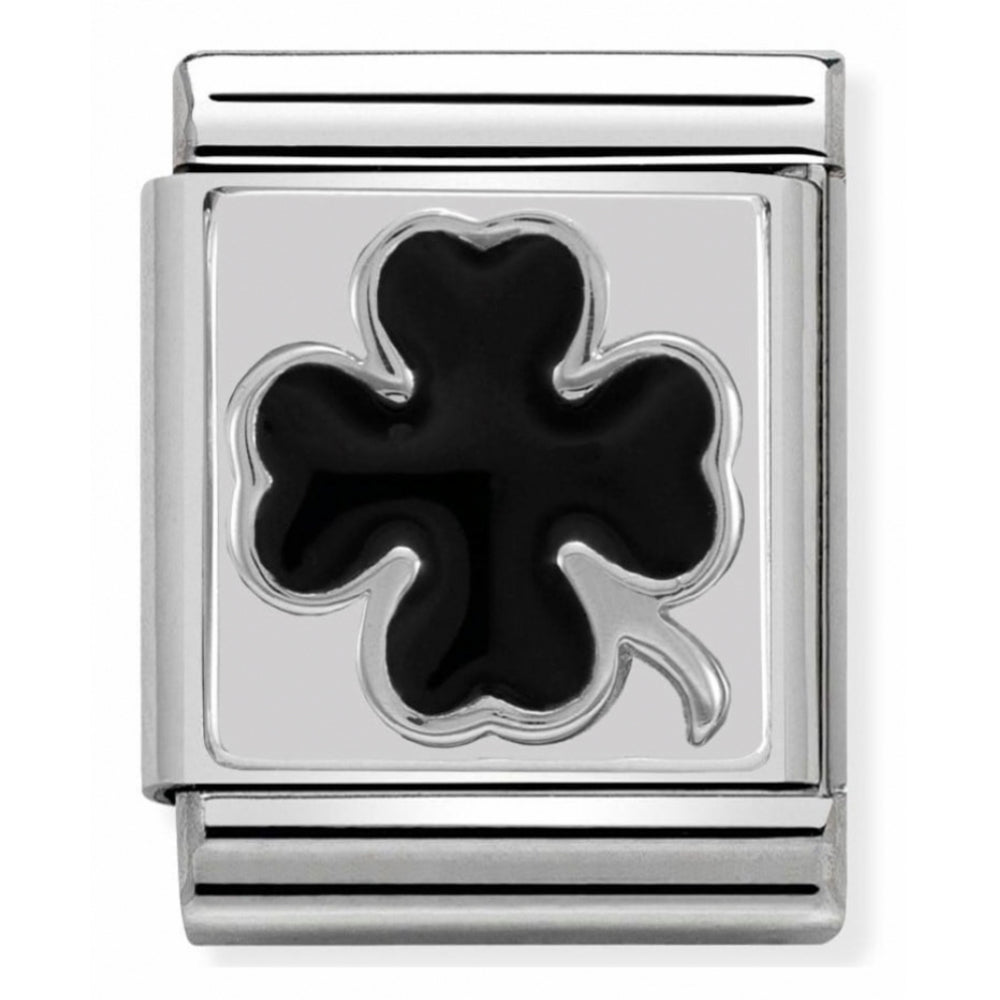 Four Leaf Clover Black Symbol Composable Stainless Steel, Enamel And Sterling Silver Big Charm