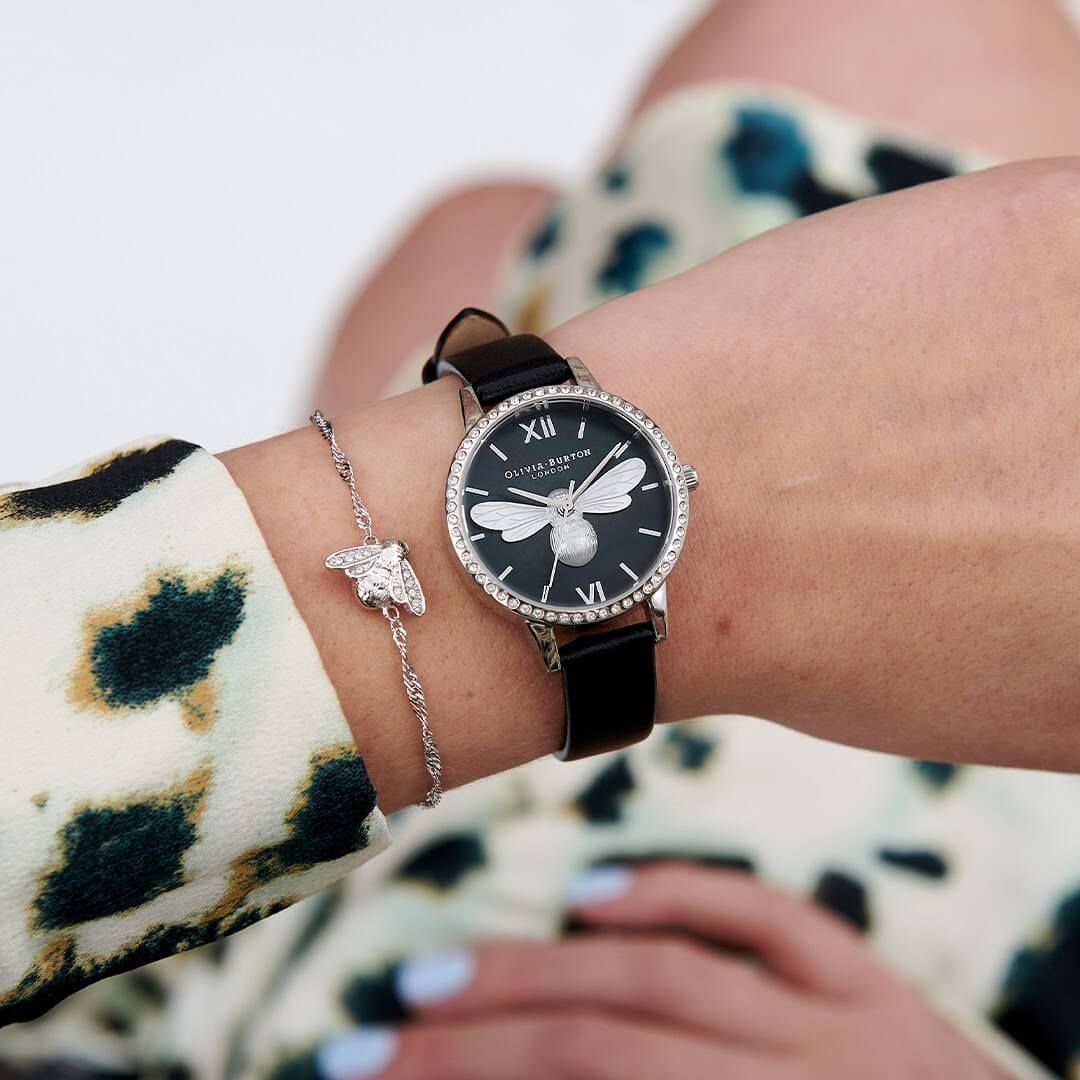 Olivia Burton Lucky Bee Midi Sparkle Dial, Black Silver Ladies