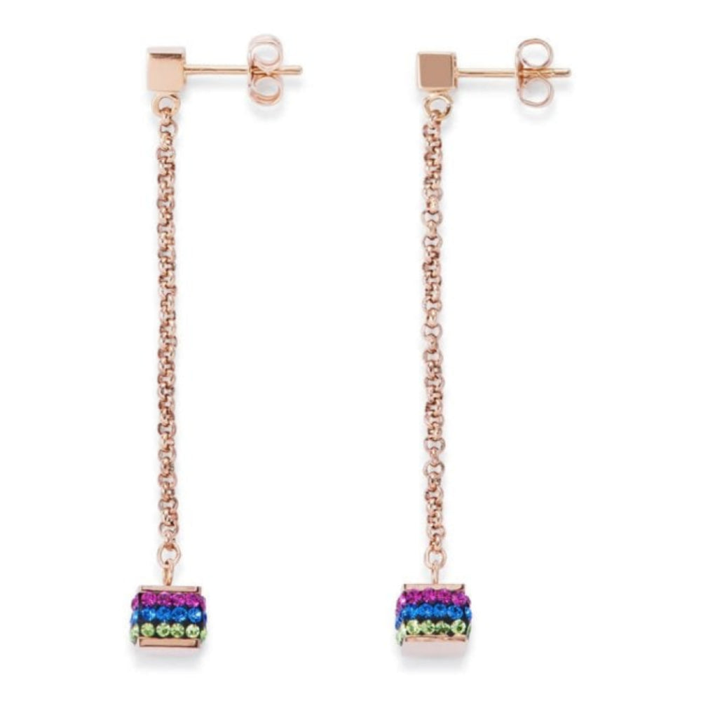 Multicolour Cube Pendant Earrings with Stickpin