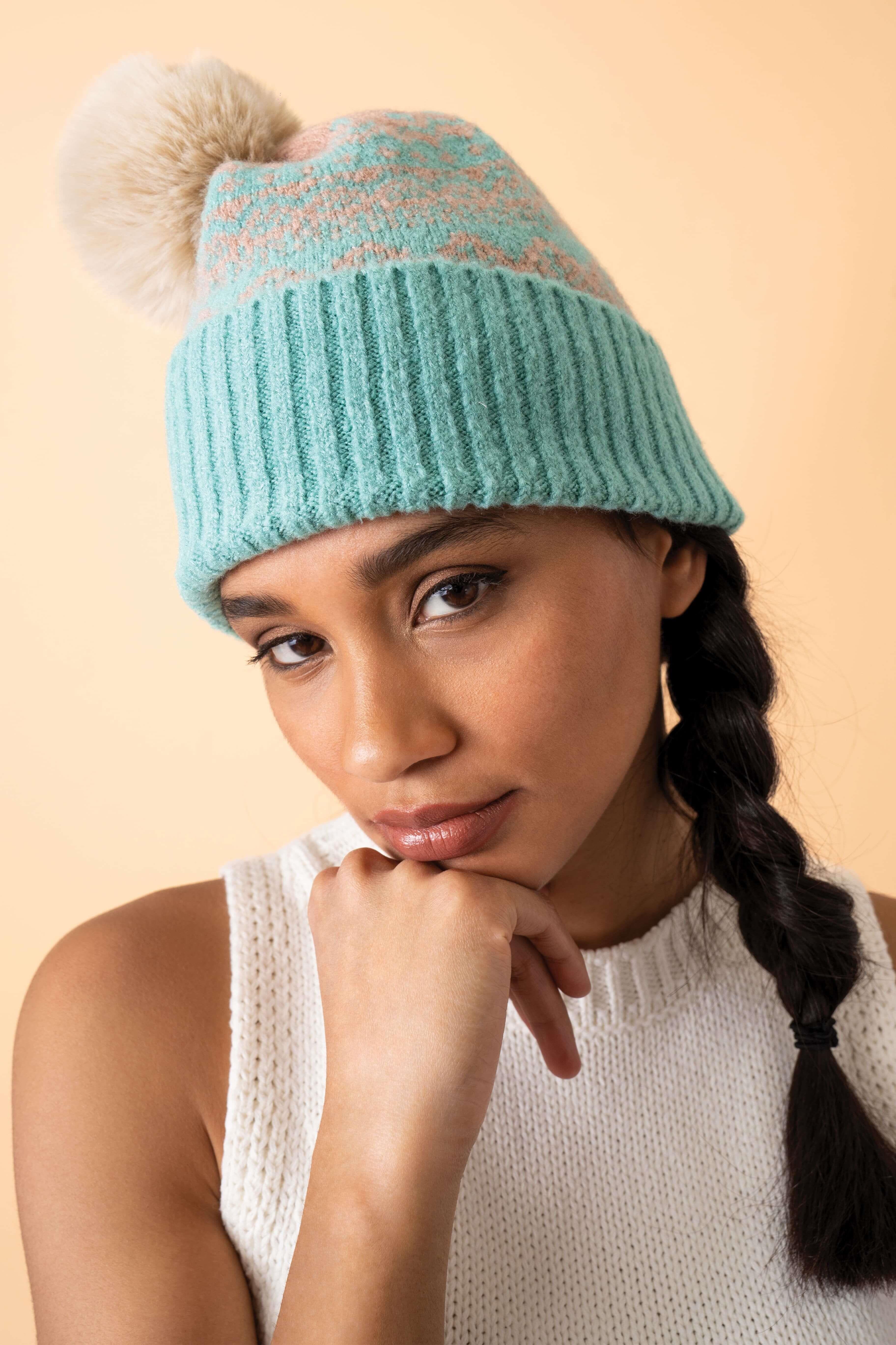 Thora Bobble Hat - Aqua/Taupe