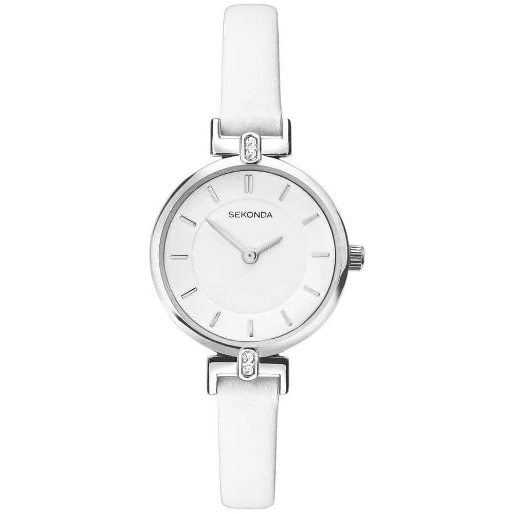 Stainless Steel Case With White Dial & White Leather Strap Ladies Watch