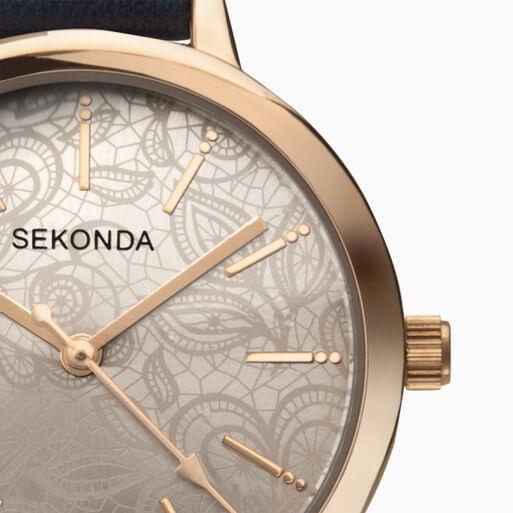 Rose Gold Case With Grey Dial & Blue PU Strap Ladies Watch