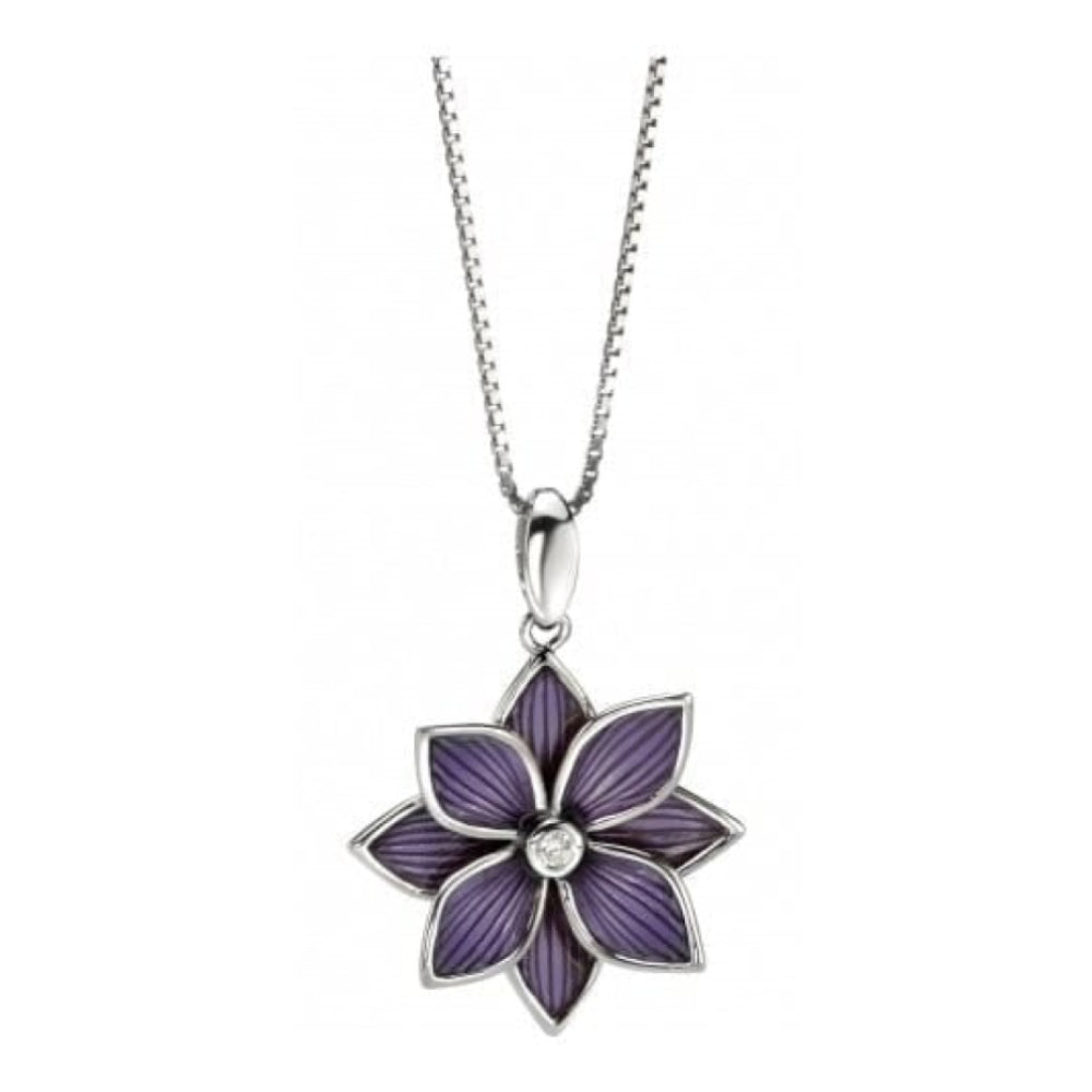 Ladies Silver Purple Enamel Flower Necklace