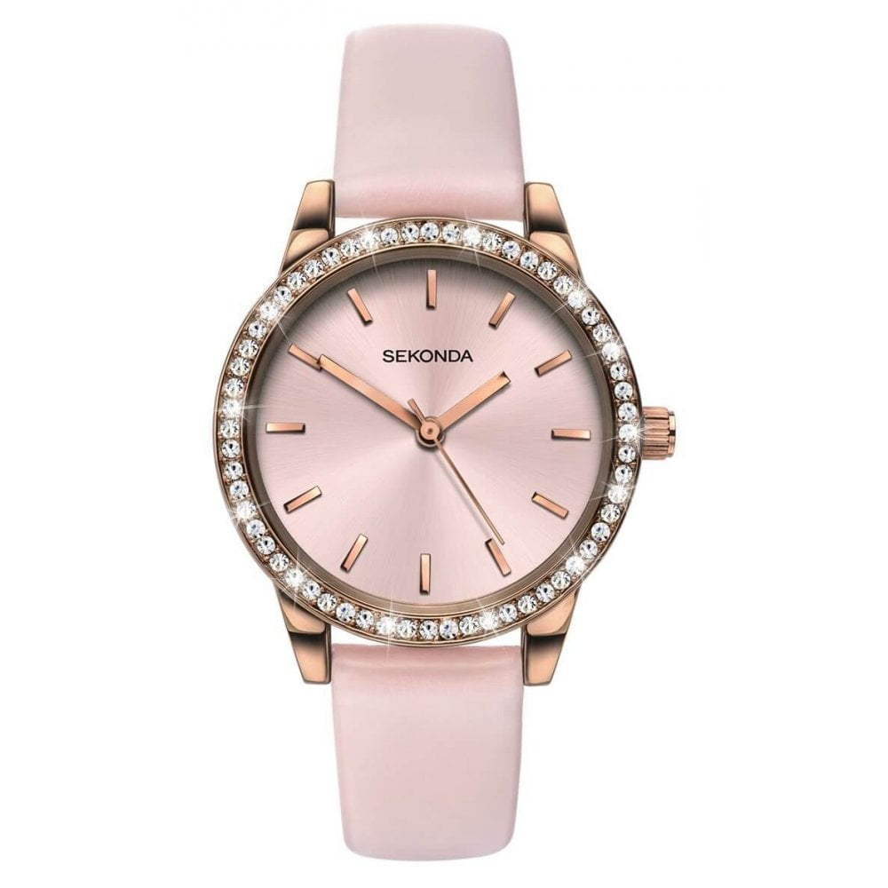 Pink PU Strap & Rose Gold Plated Stone Set Case With Pink Sunray Dial Ladies Watch