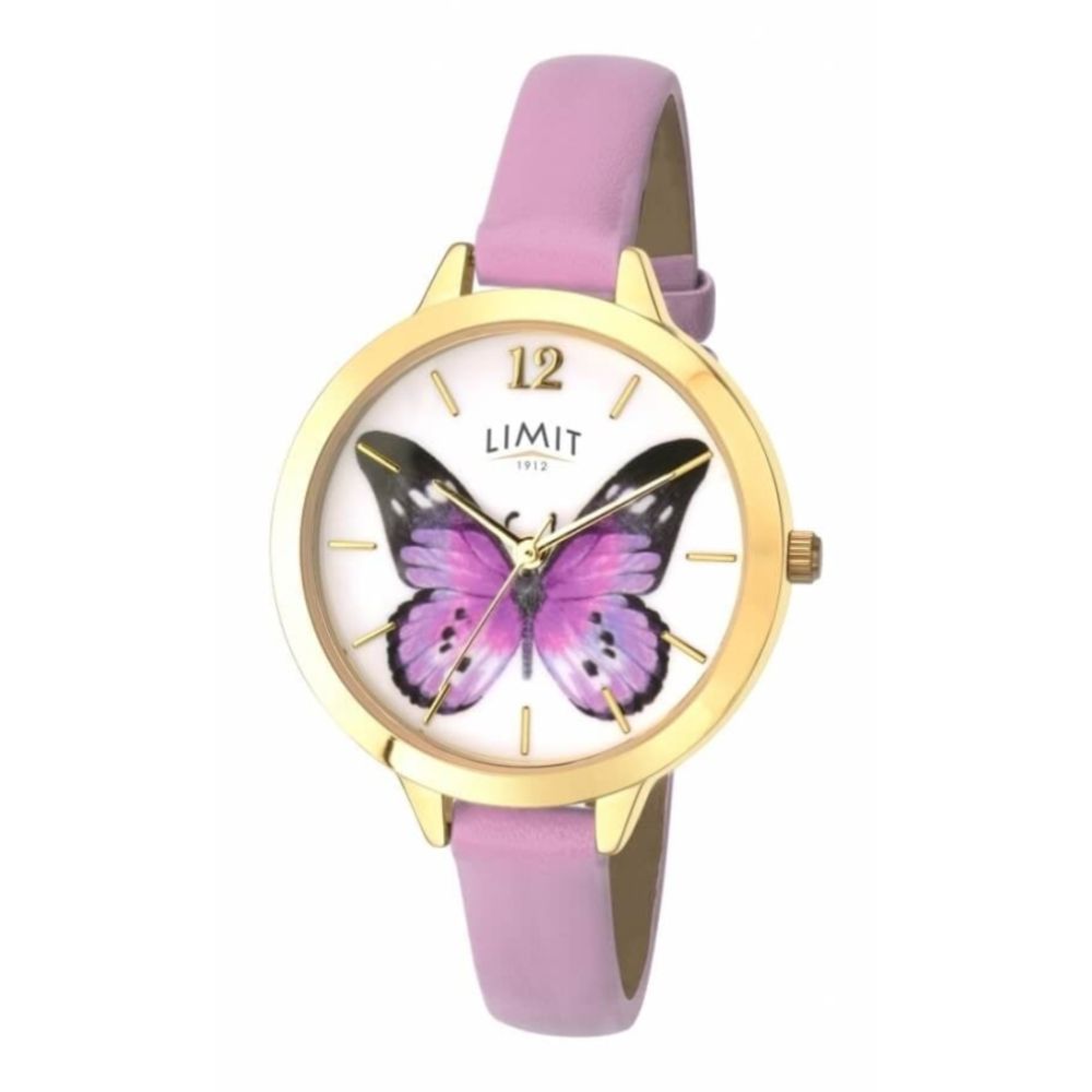 Rose Gold Tone Butterfly Print Dial & Purple PU Strap Ladies Watch