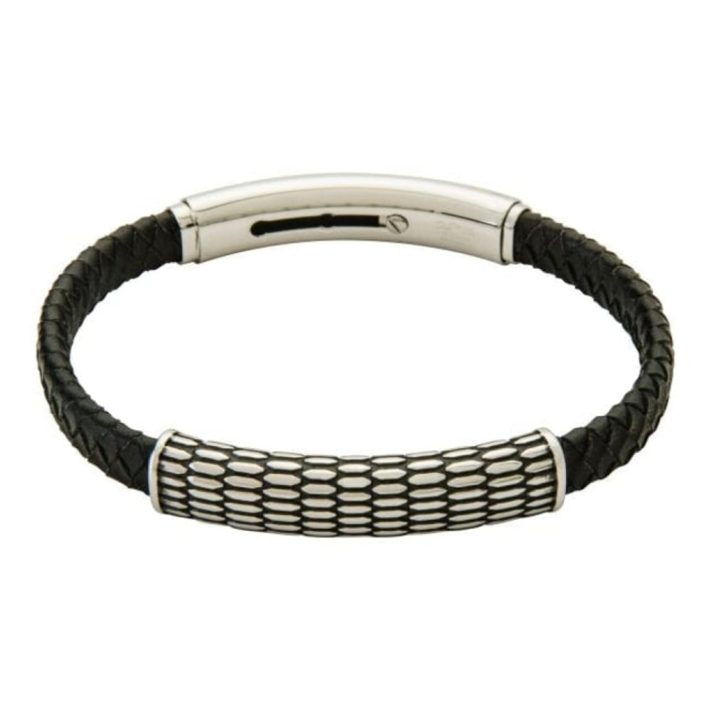 Men's Slim Line Leather Bracelet With Magnetic Clasp & Stainless Steel Design Feature