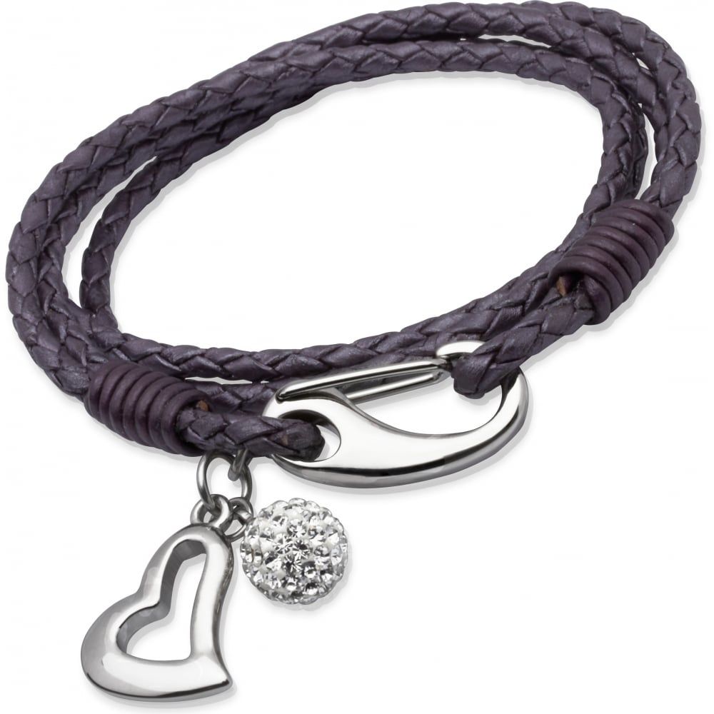 Berry Leather Bracelet Steel Shrimp Clasp White Crystal Ball-Heart