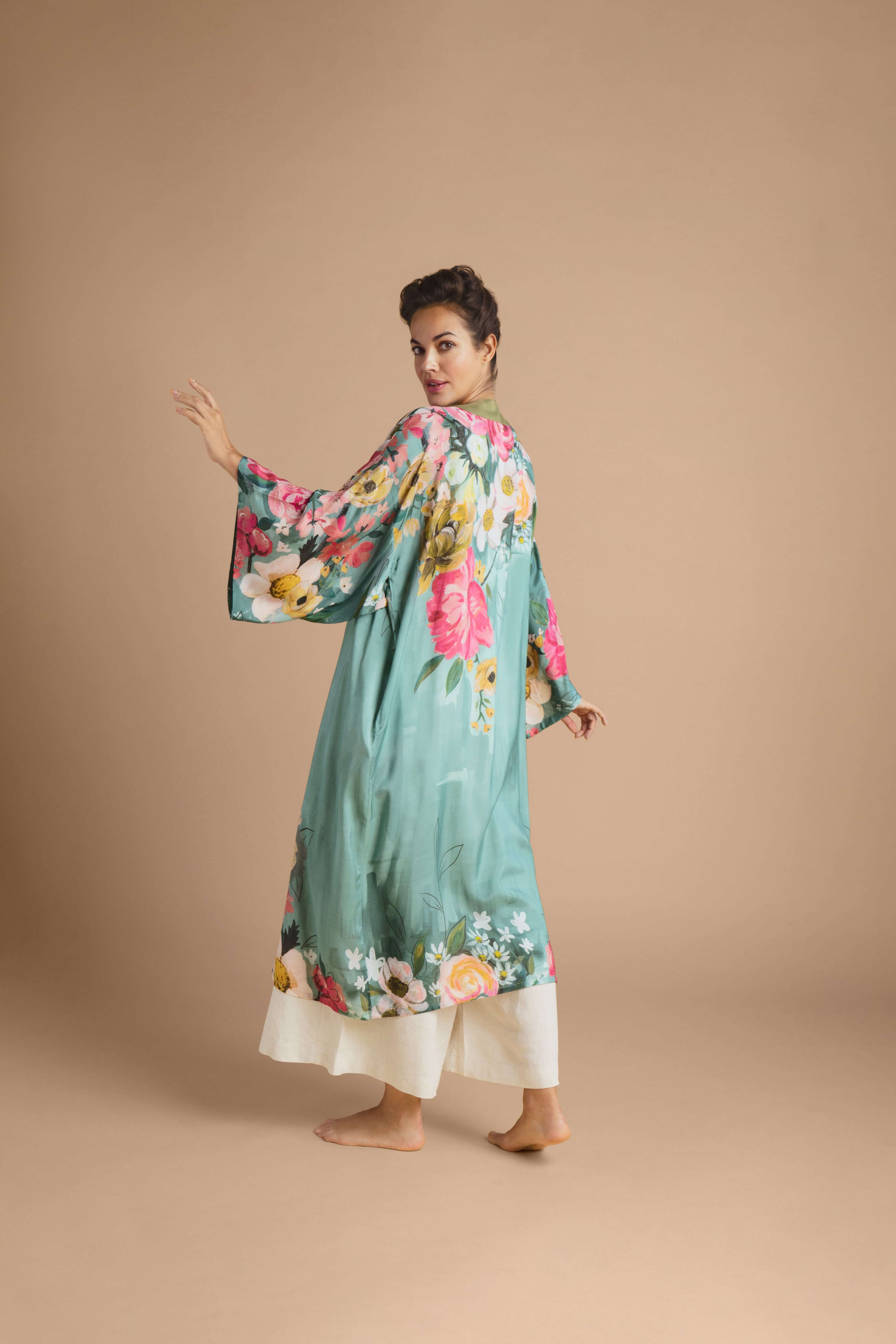 Impressionist Floral Kimono Gown - Teal