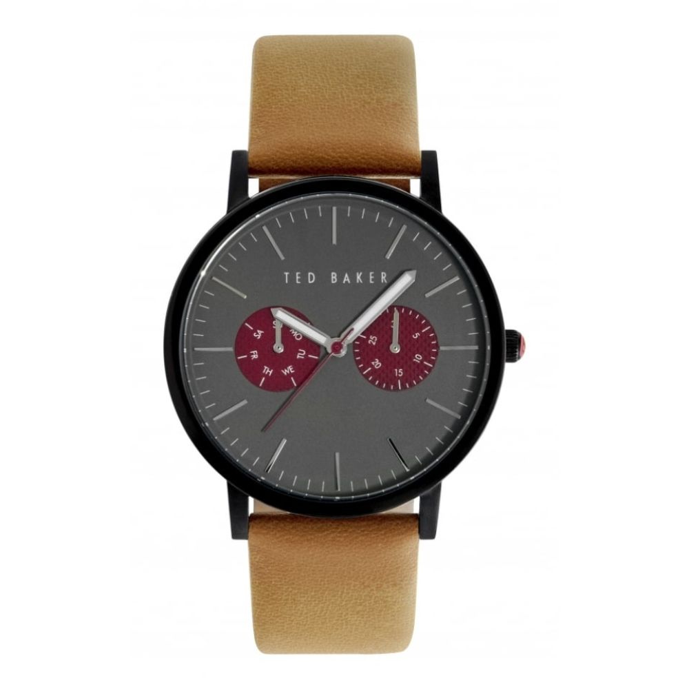 Tan Leather Black Case Dual Dial Watch