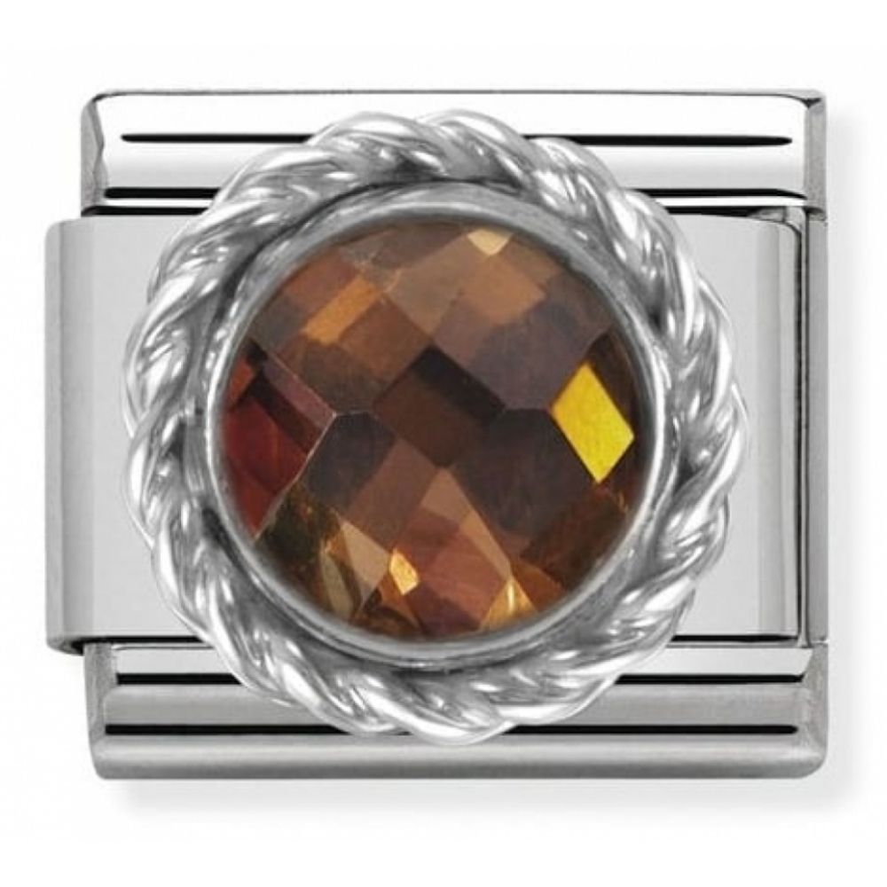 Classic Smokey CZ Round Faceted Stone In Stainless Steel & Twisted 925 Silver Detail Charm