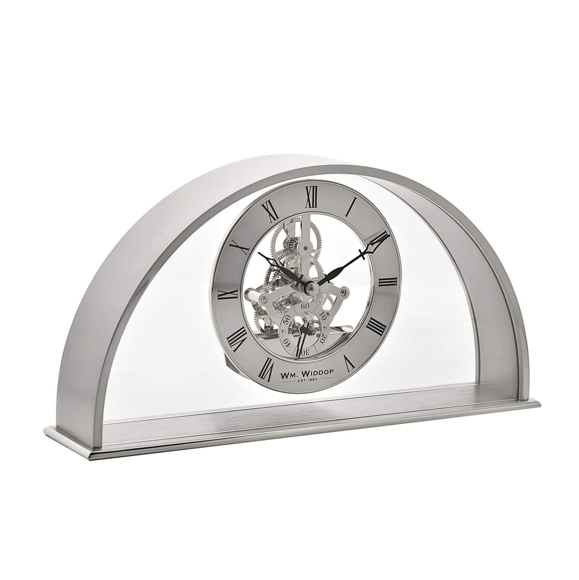 Silver Arch Mantel Clock Skeleton Dial Roman
