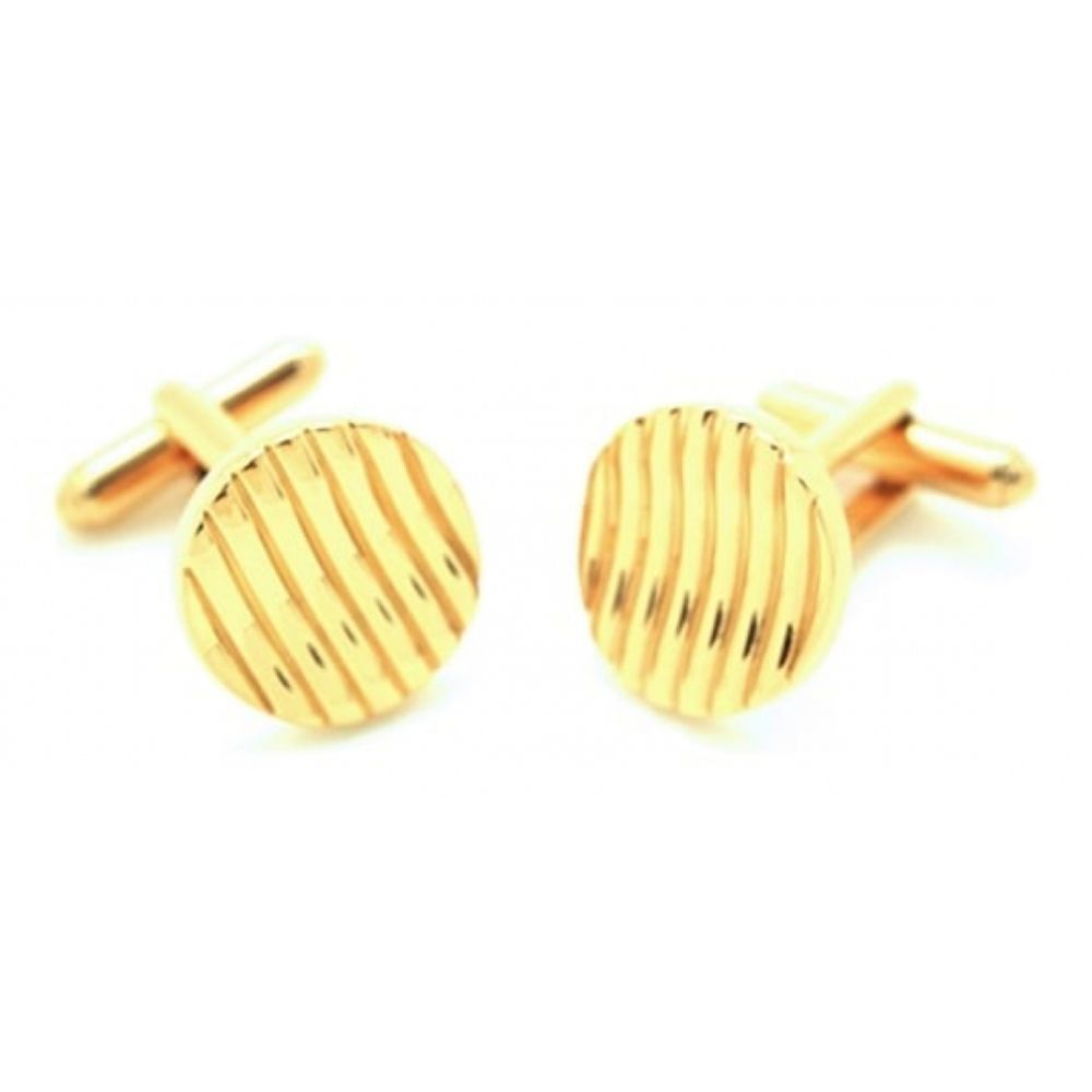 Gold Tone Round Cufflink With Wavy Lines