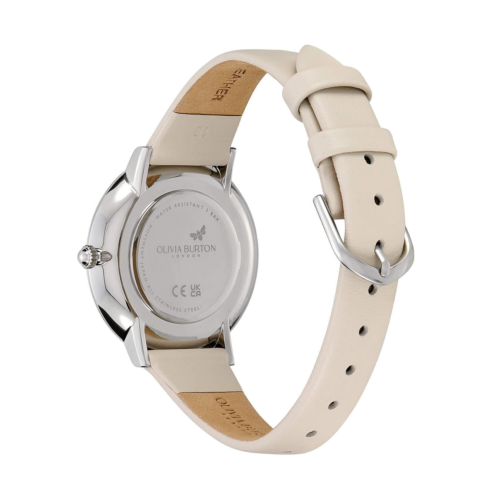 Floral Blooms Ultra Slim Silver & Antique Pearl Leather Strap Watch