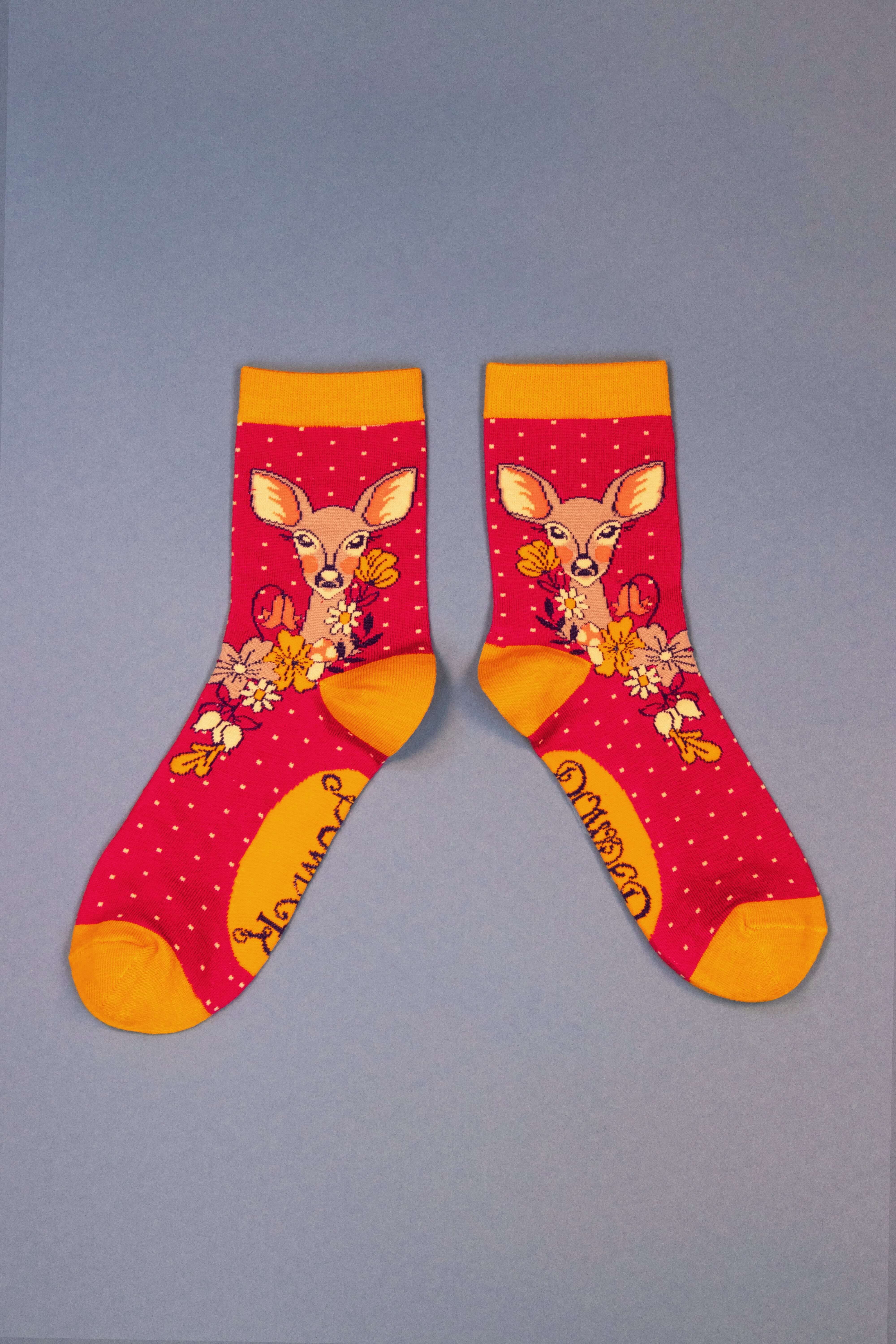 Floral Deer Ankle Socks- Fuchsia