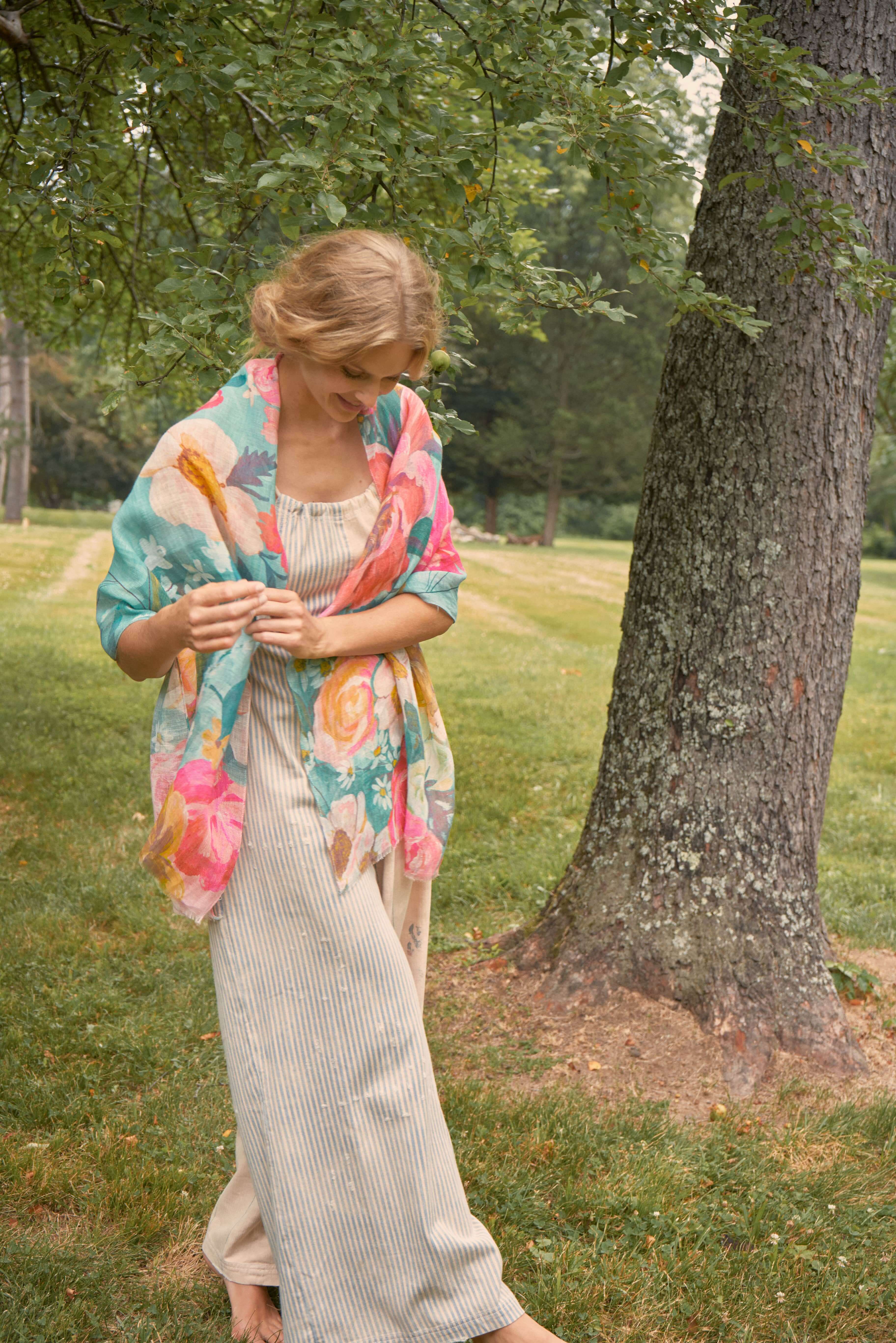 Impressionist Floral Linen Print Scarf - Teal