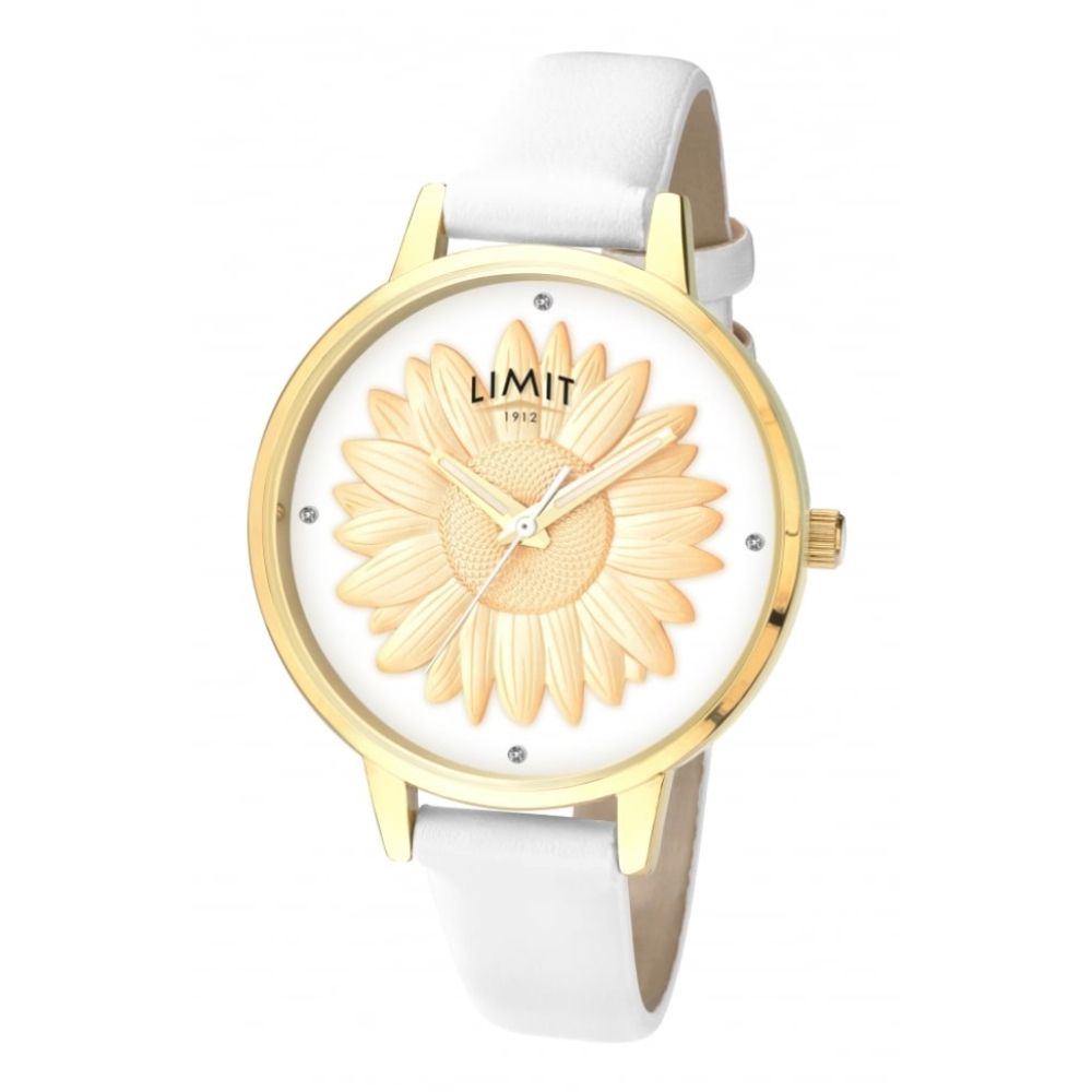 Gold Tone Case With 3D Sunflower Print White Dial & White PU Strap Ladies Watch