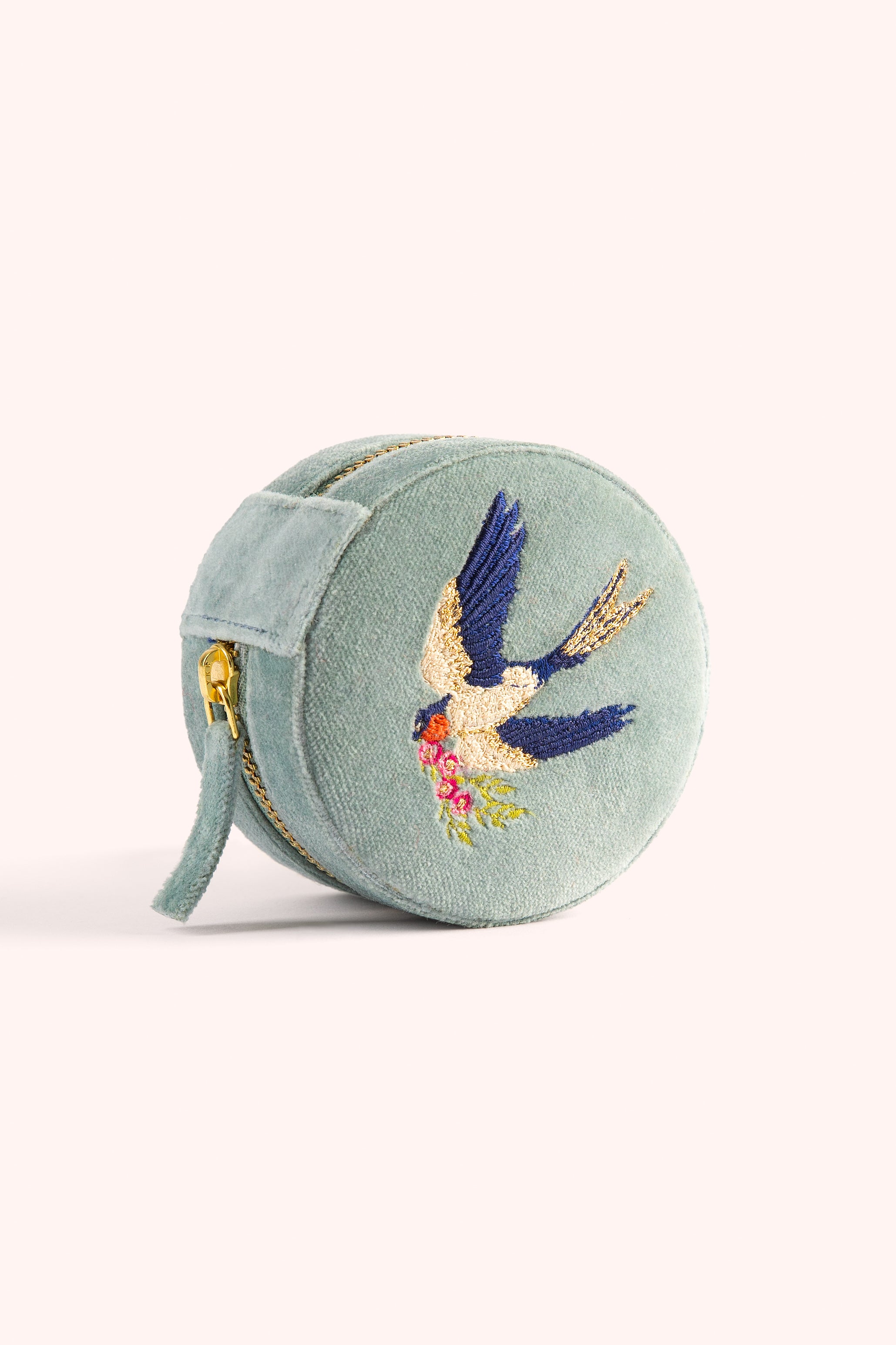 Round Velvet Jewellery Box - Swooping Swallows - Ice