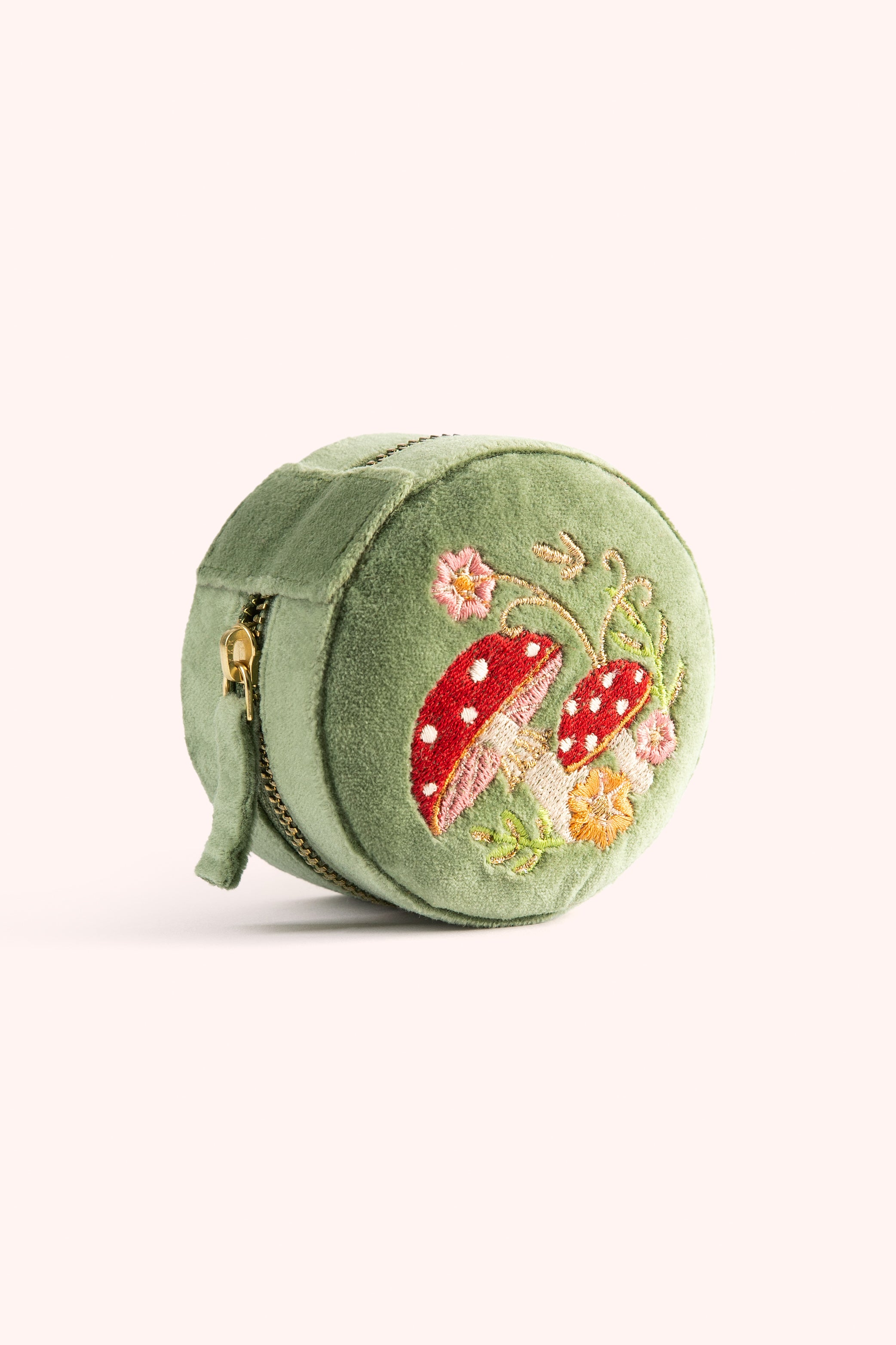 Round Velvet Jewellery Box - Toadstools - Sage