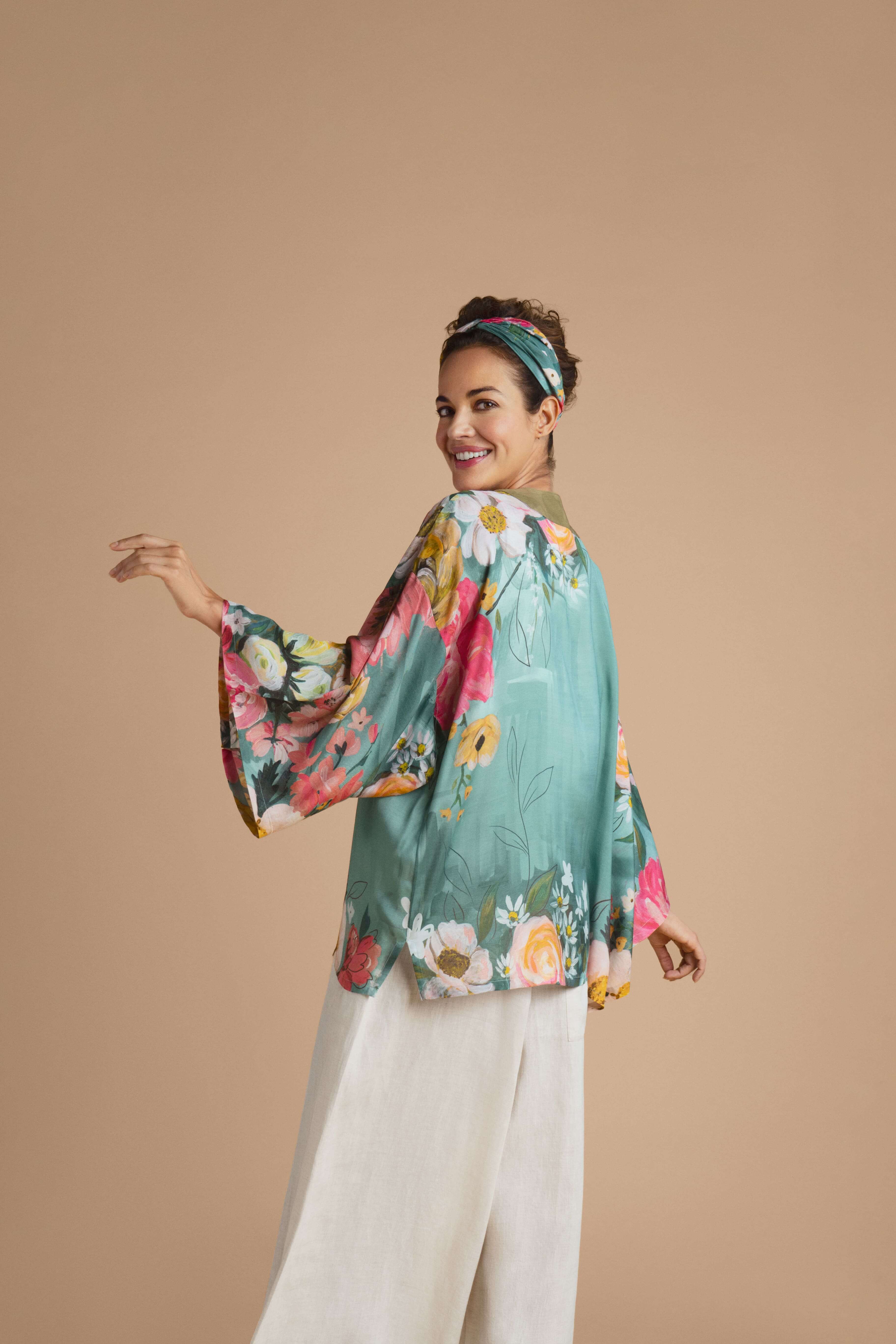 Impressionist Floral Kimono Jacket - Teal
