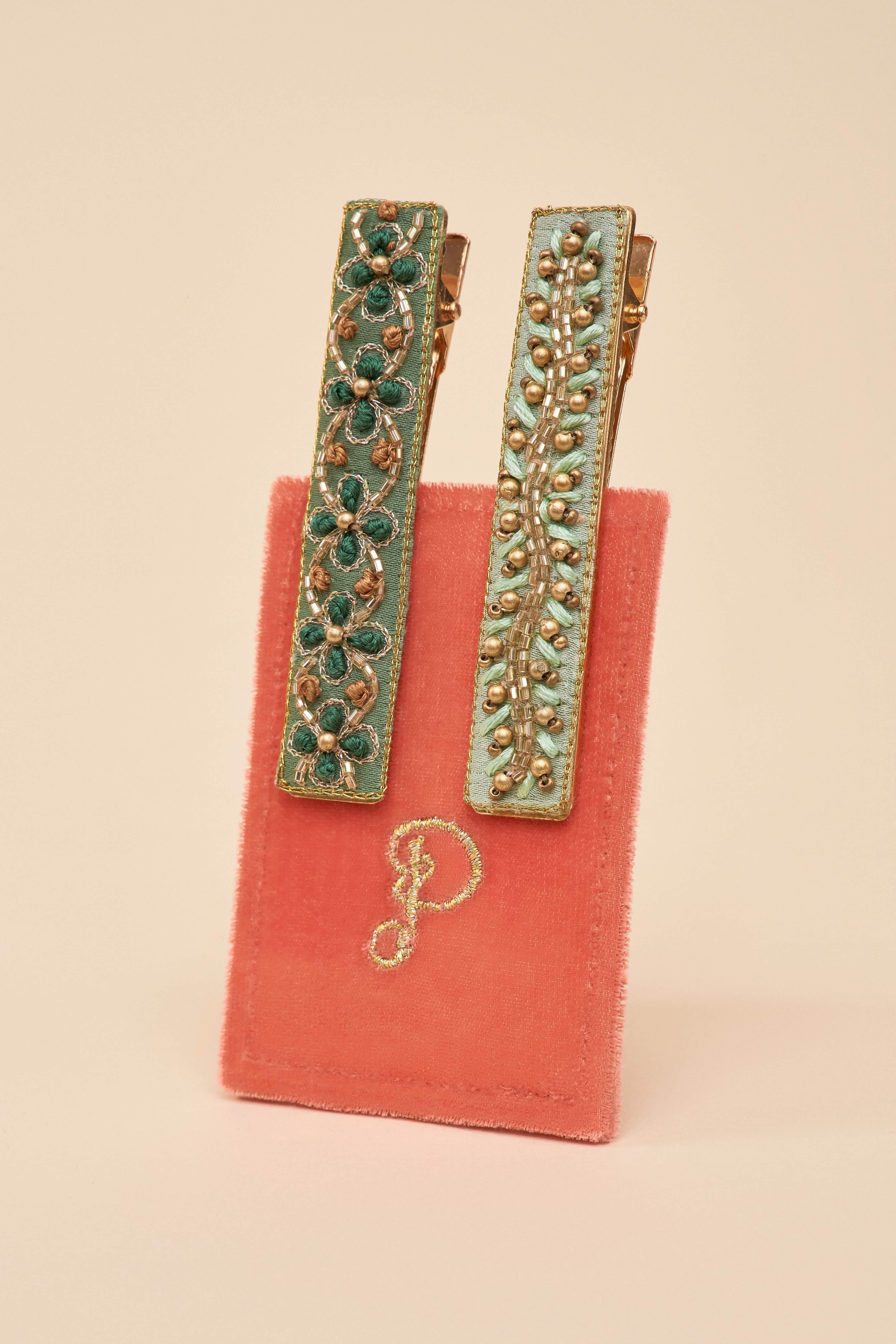 Narrow Jewelled Hair Bar - Green Vines