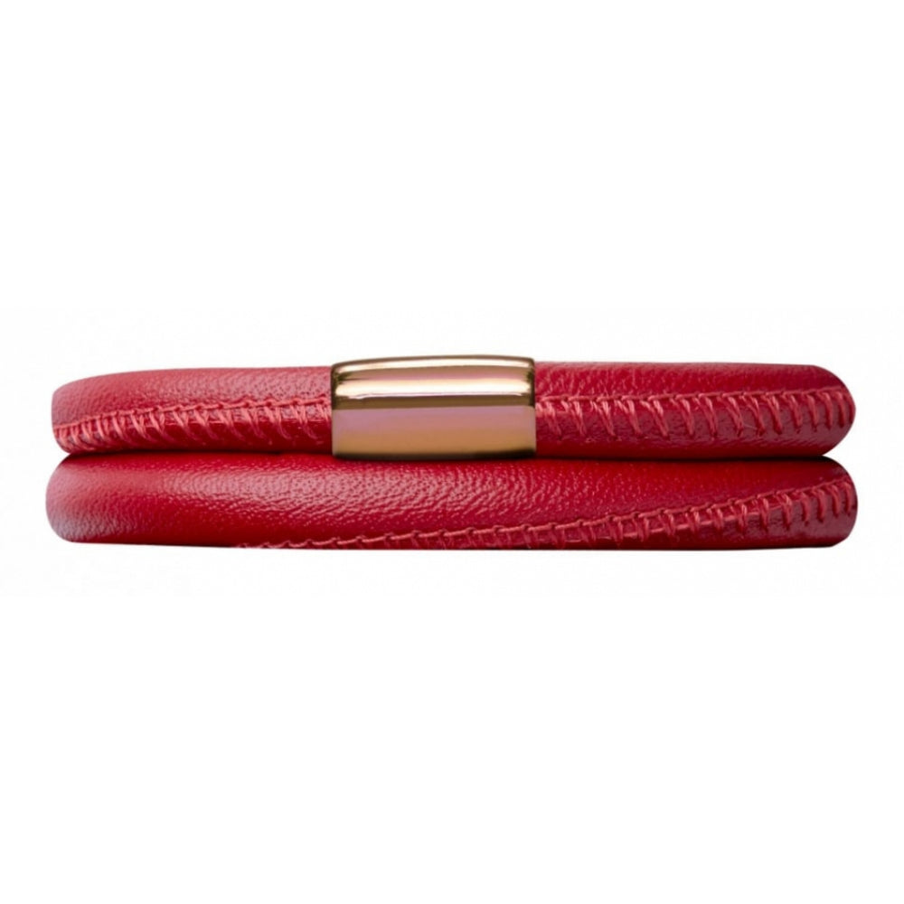 Red Leather Double Band Bracelet Rose Gold