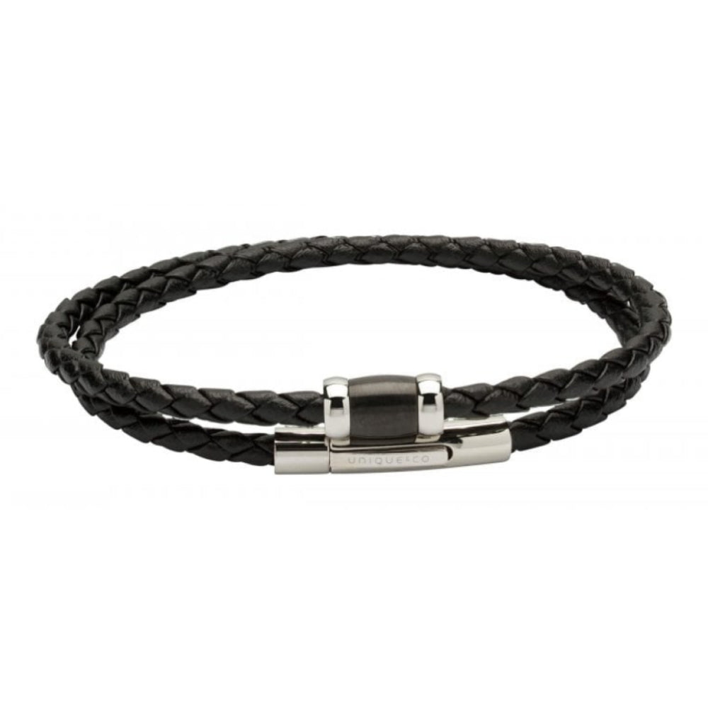 Black Leather Bracelet-Steel Elements-Black I.P.Plating