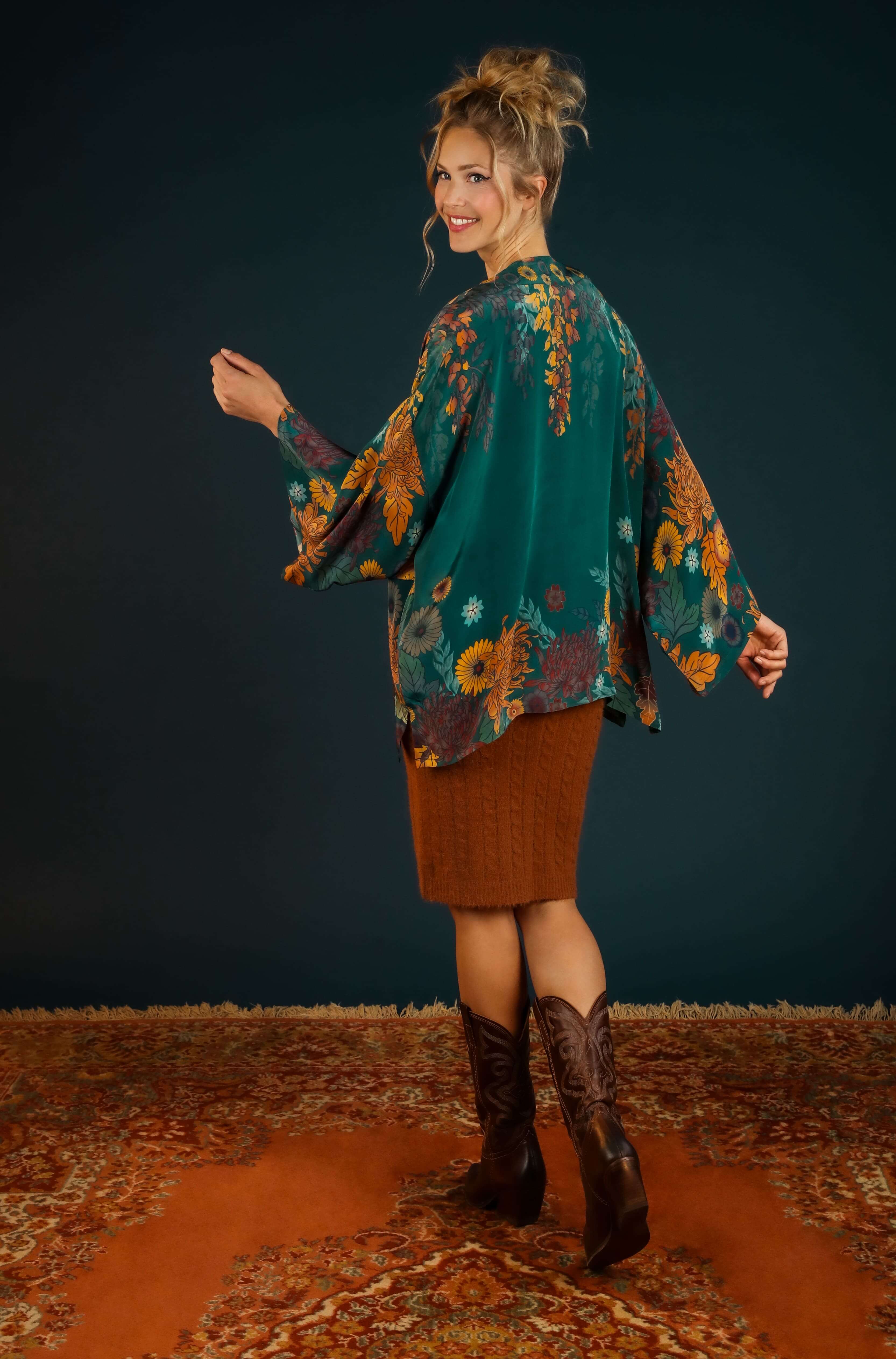 Luxury Kimono Jacket Trailing Wisteria - Teal