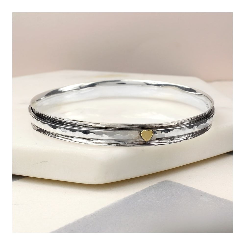 Sterling Silver Bangle With Single Heart Spinning Band