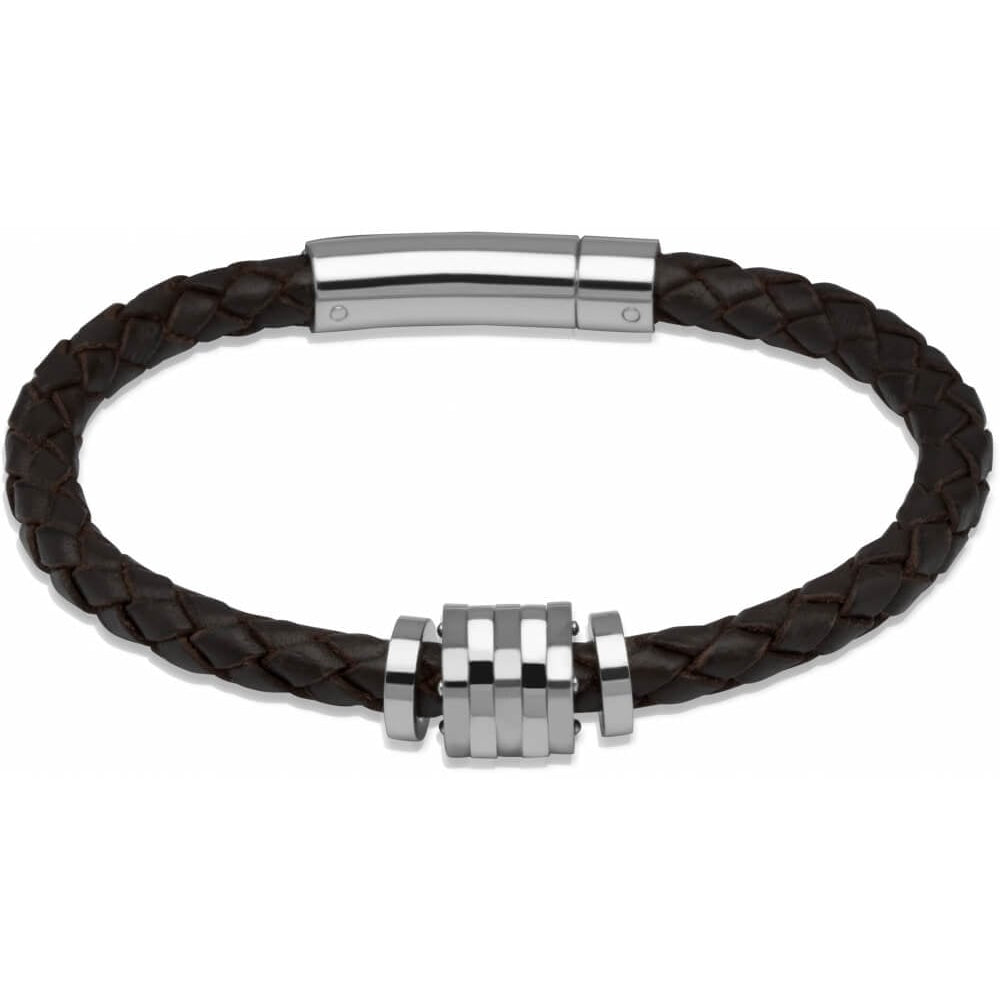 Dark Brown Leather Bracelet with Steel Element