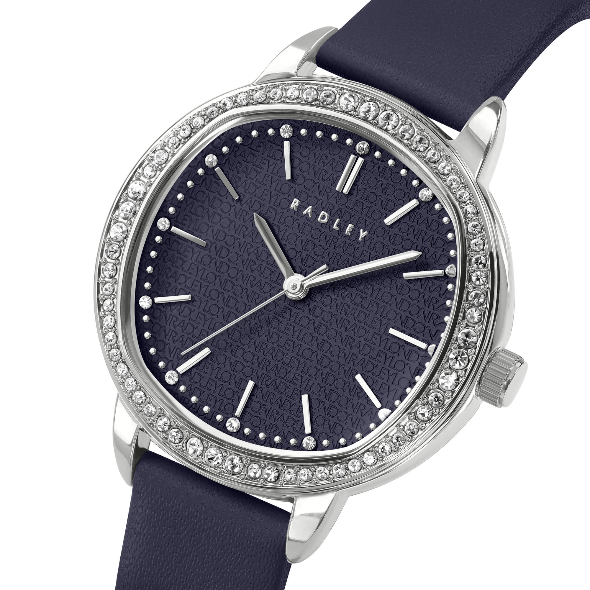 Silver 36mm Stone Set Ink Leather Strap Watch