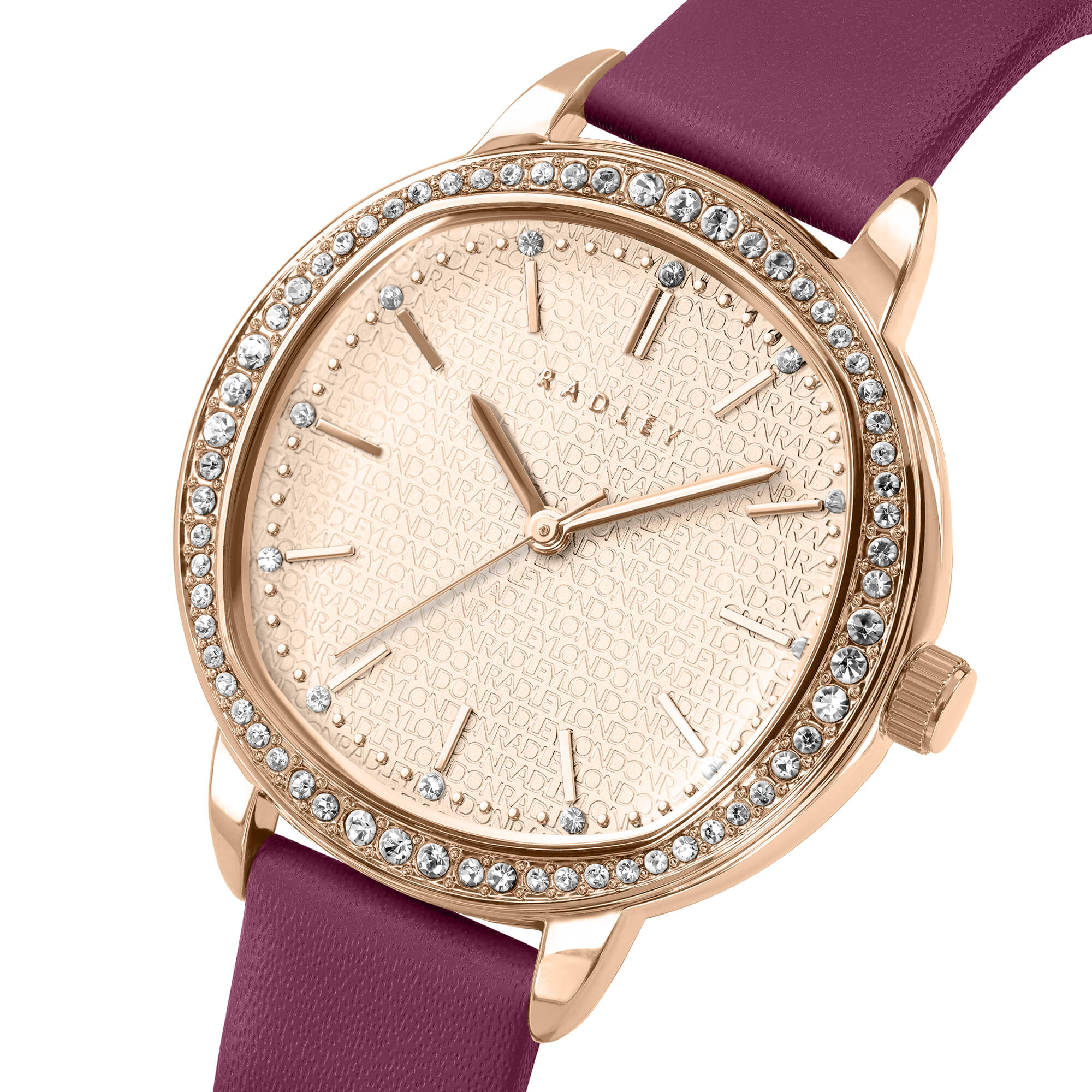 Rose Gold Plated 36mm Stone Set Berry Leather Strap Watch