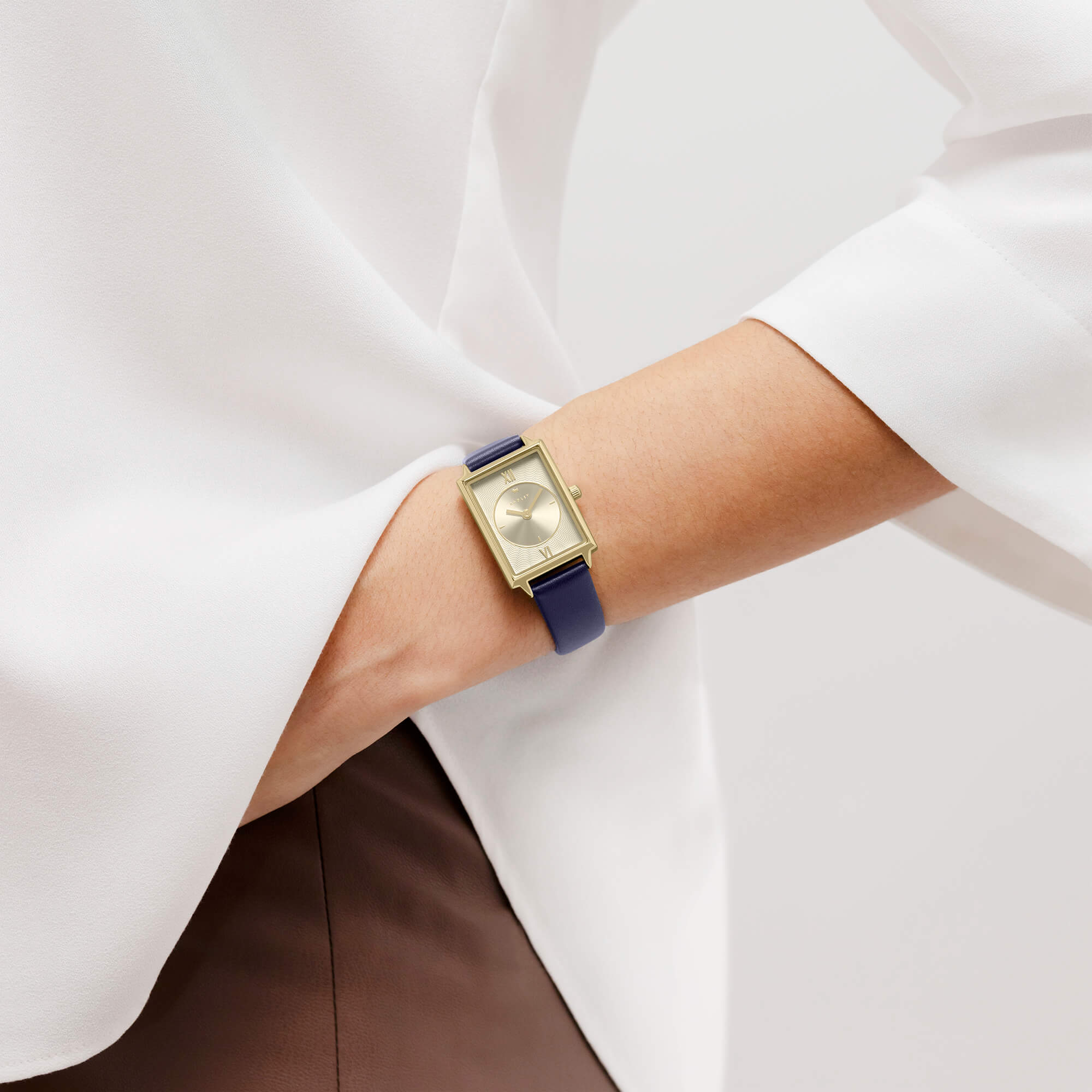 Gold Plated Rectangular Dial With Ink Leather Strap Watch