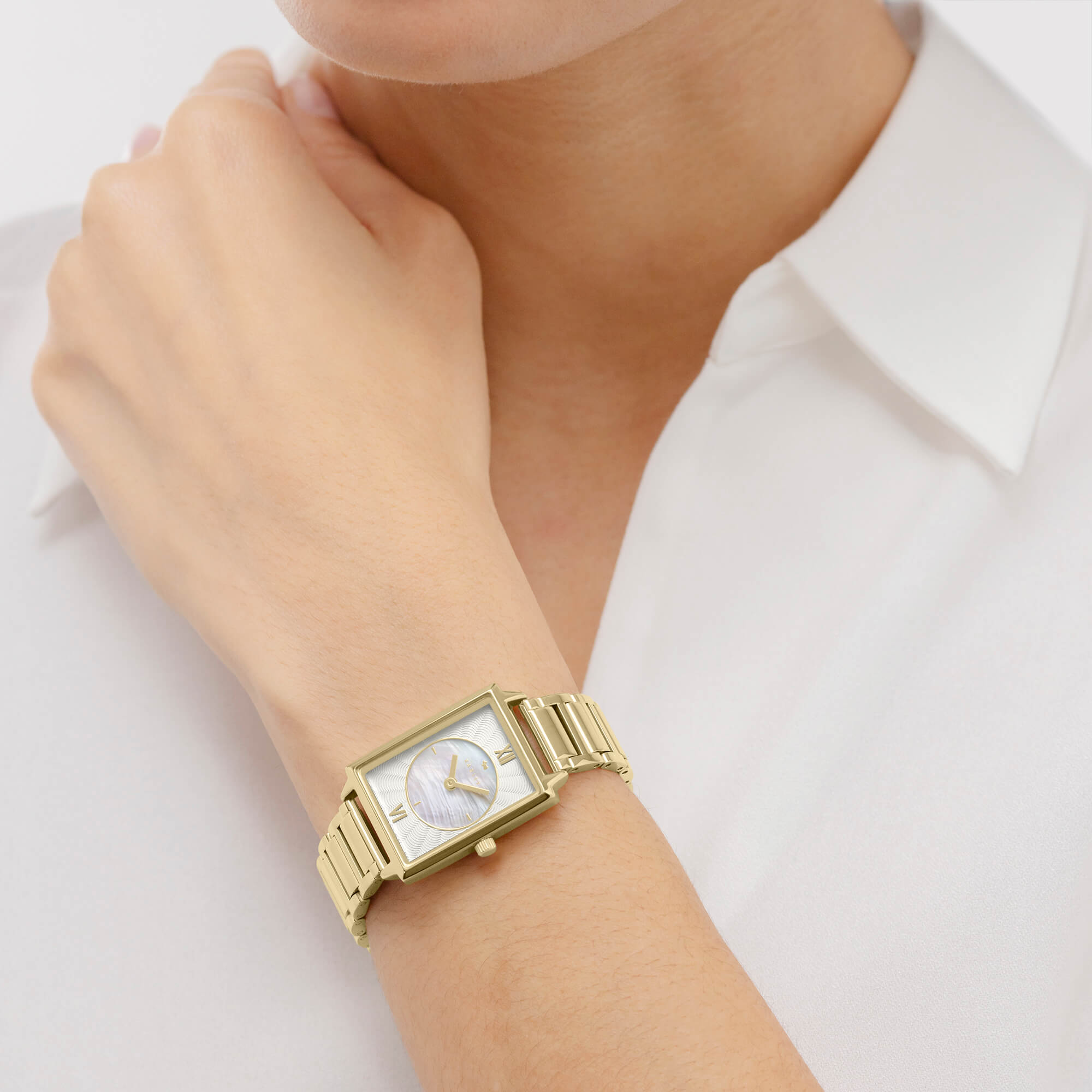 Gold Plated Rectangular Dial With Bracelet Strap Watch